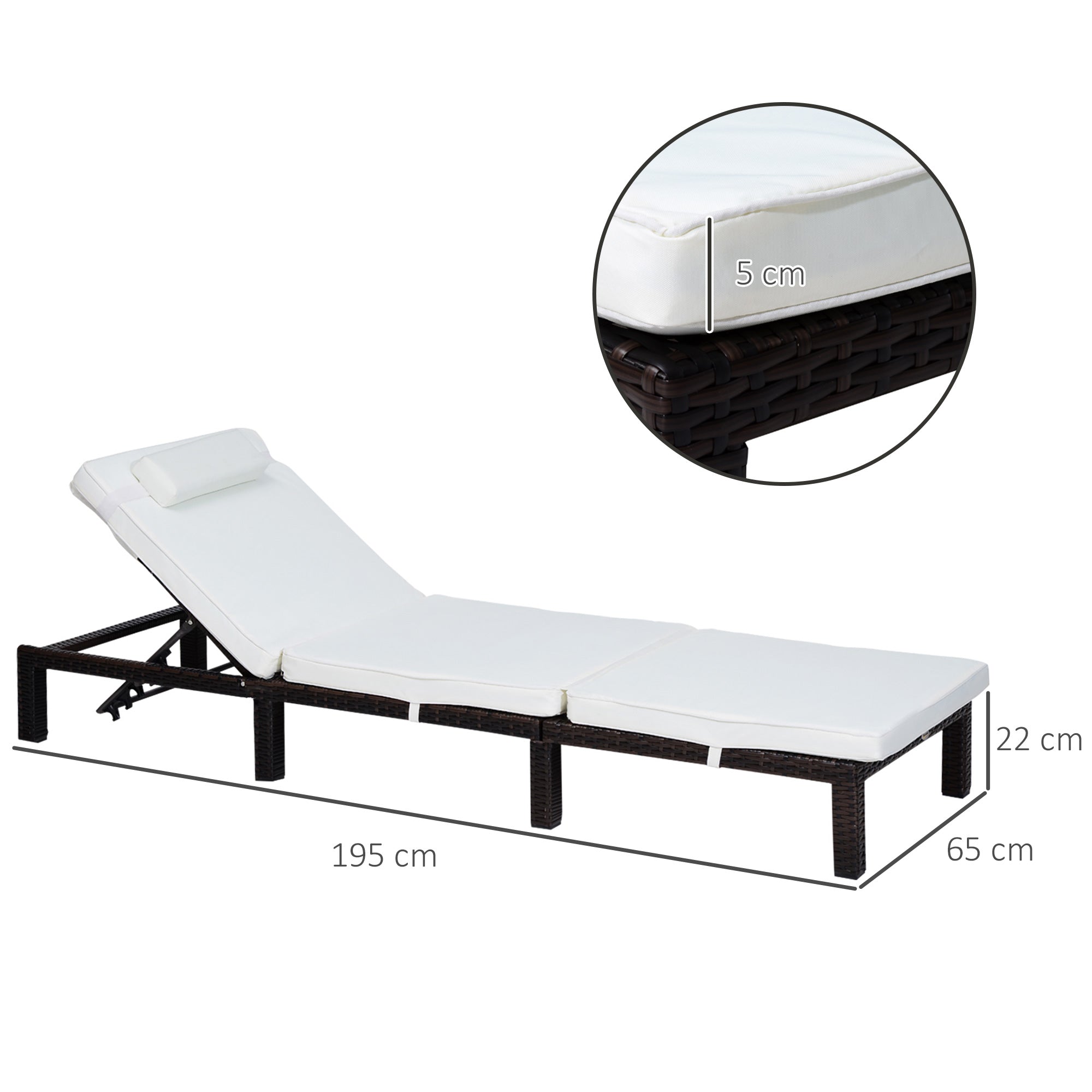 Outsunny Garden Outdoor Rattan Furniture Patio Sun Lounger Recliner Reclining Chair Bed Fire Resistant Sponge, Cream White | Aosom UK