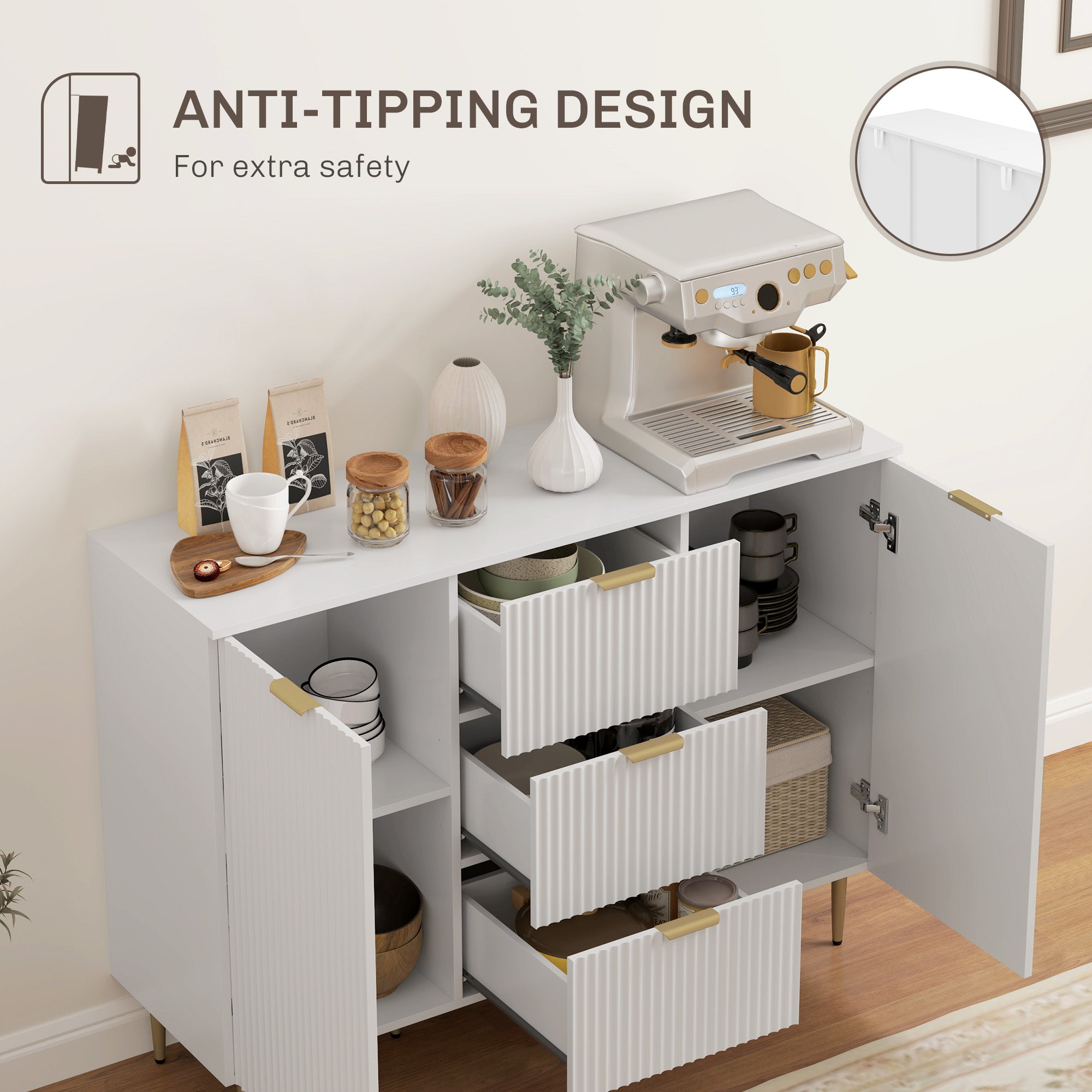 Kozy - 2-Door Sideboard with 3 Drawers and Adjustable Shelves - White