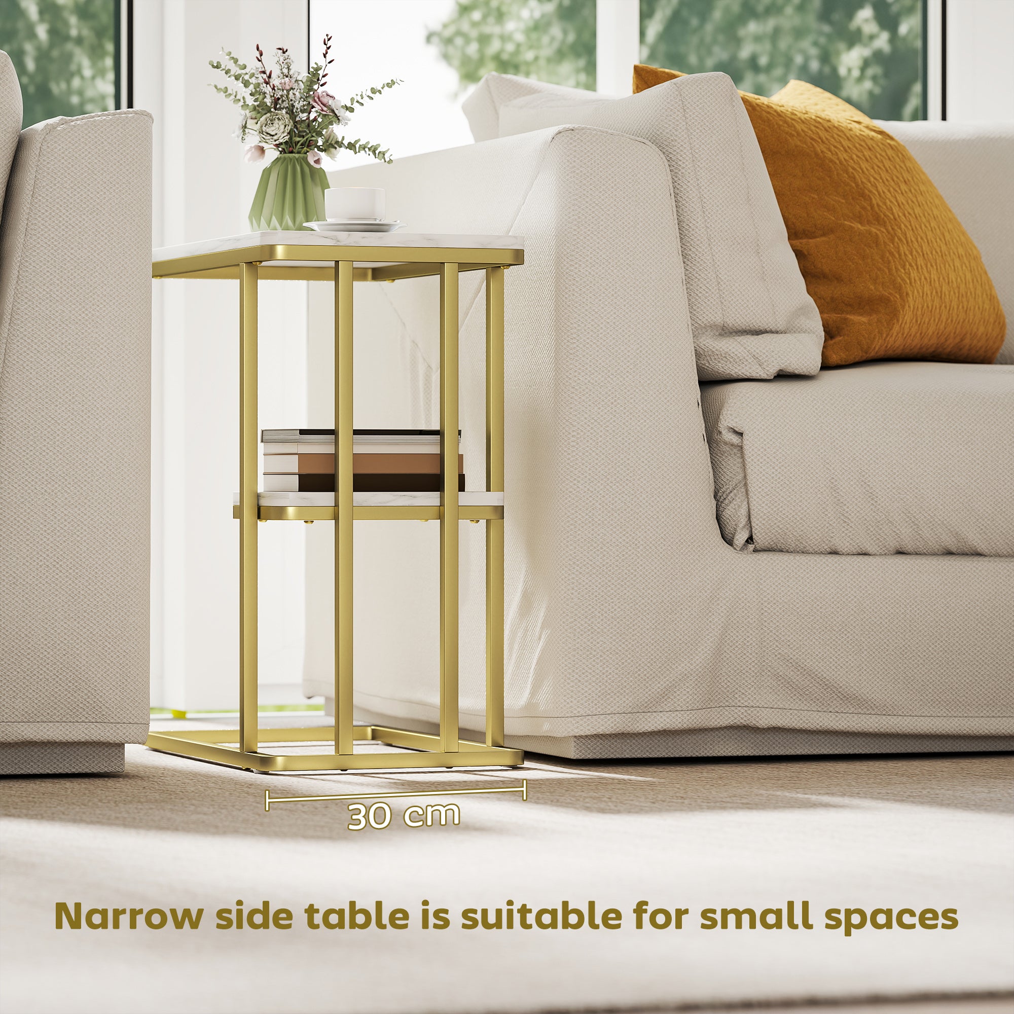 Kozy C-Shaped Narrow Side Table, 2-Tier Slim End Table, Nightstand for Small Spaces, Living Room, Bedroom, White Marble Grain