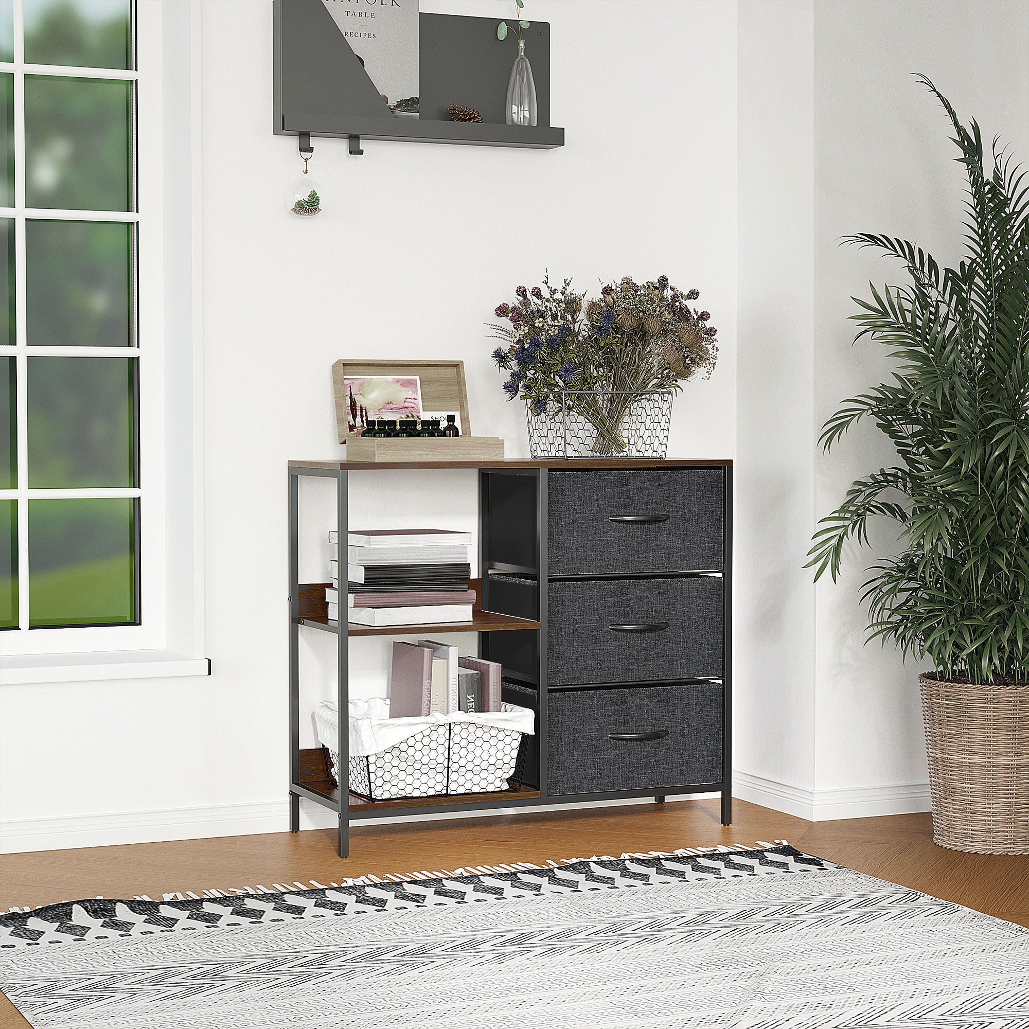 Kozy Chest of Drawers Storage  Dresser Cabinet Organizer with 3 Fabric Drawers and 2 Display Shelves for Living Room, Bedroom, Hallway, Black