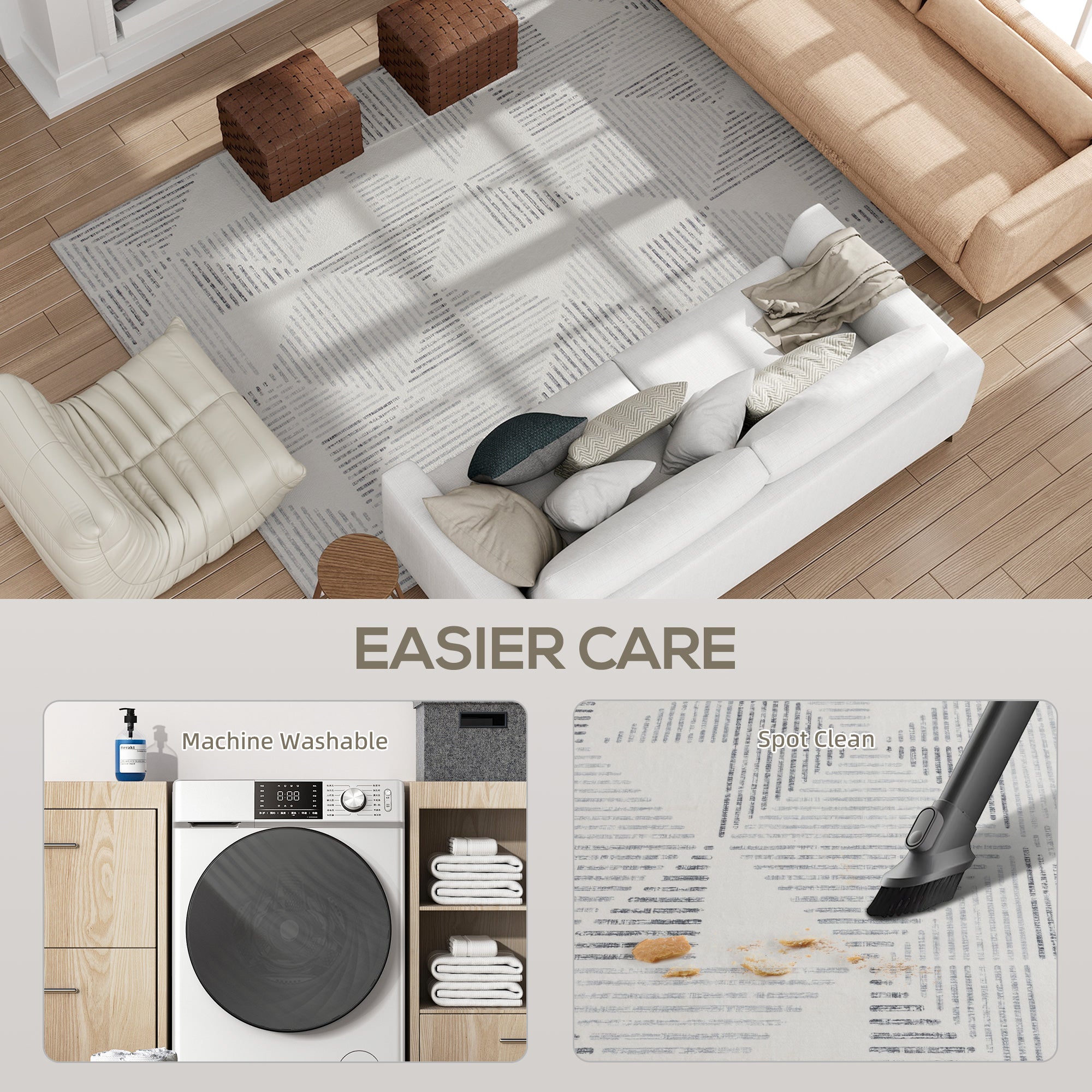 Kozy - Modern Area Rug, Geometric Pattern Non-Slip Washable Rug, Soft Floor Carpet for Living Room, Bedroom, Dining Room, Home Office, 290 x 200 cm, Grey