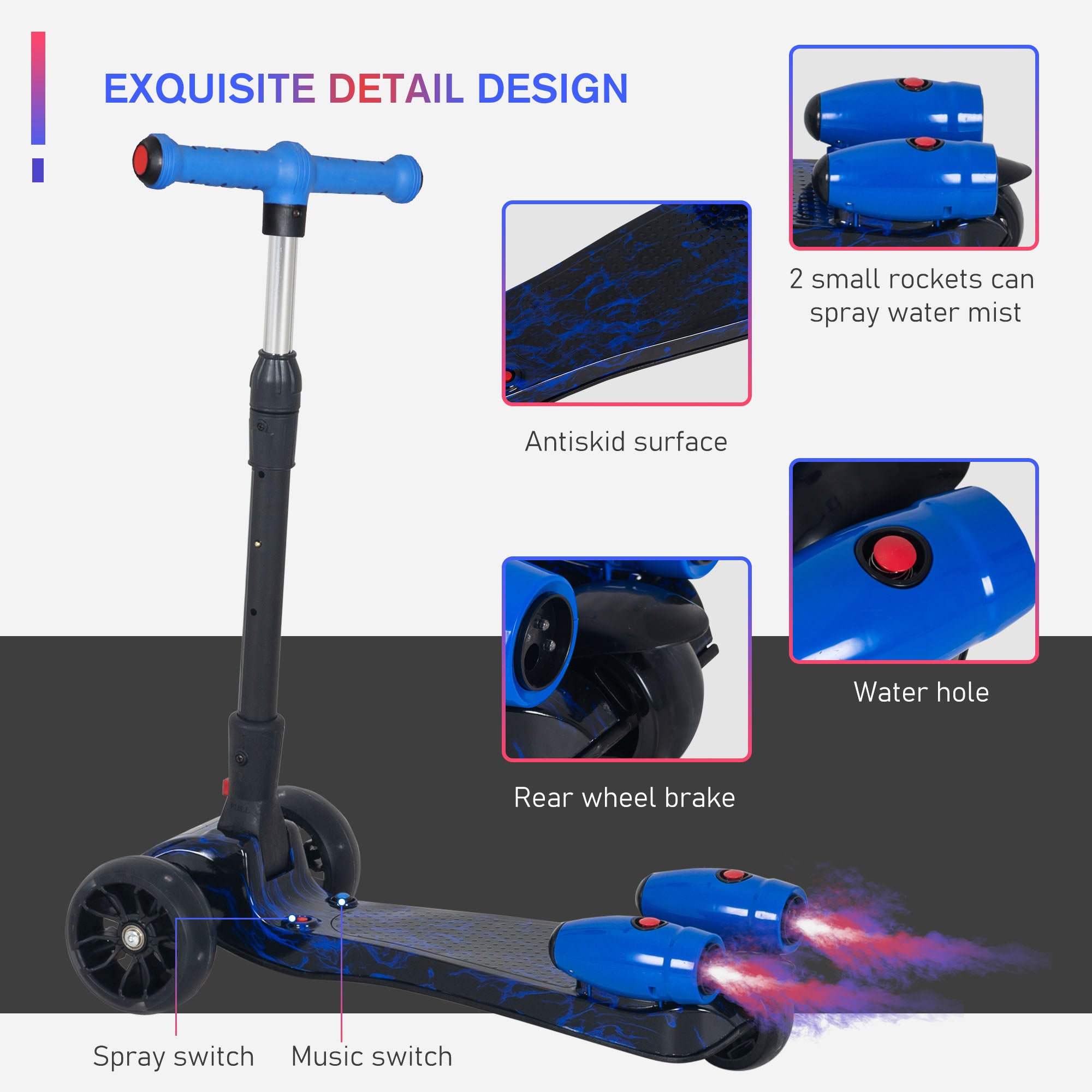Kozy Kids Scooter, 3 Wheel Foldable Kick Scooter Adjustable Height w/ Flashing Wheels, Music, Water Spray for 3-6 Years, Blue