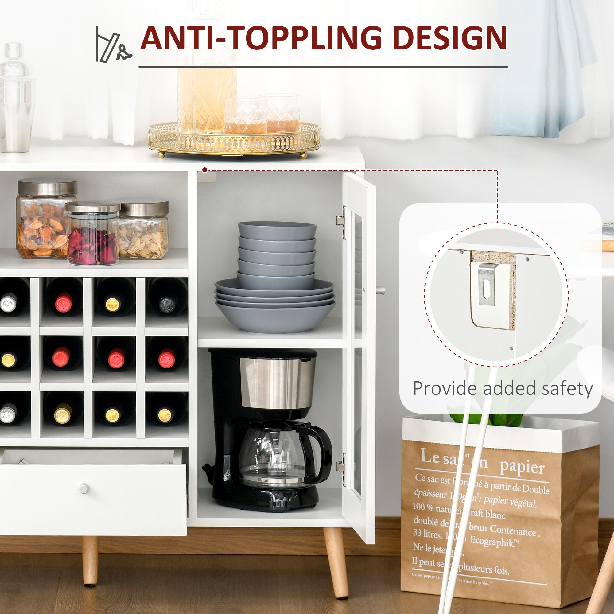 Kozy Modern Sideboard Storage Cabinet Kitchen Cupboard Dining Bar Server with Glass Doors, Drawer & 12-Bottle Wine Rack for Living Room, White