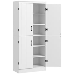 Kozy 4-Door Tall Kitchen Cupboard, Freestanding 6-Tier Storage Cabinet with 2 Adjustable Shelves for Living Room, Dining Room, White