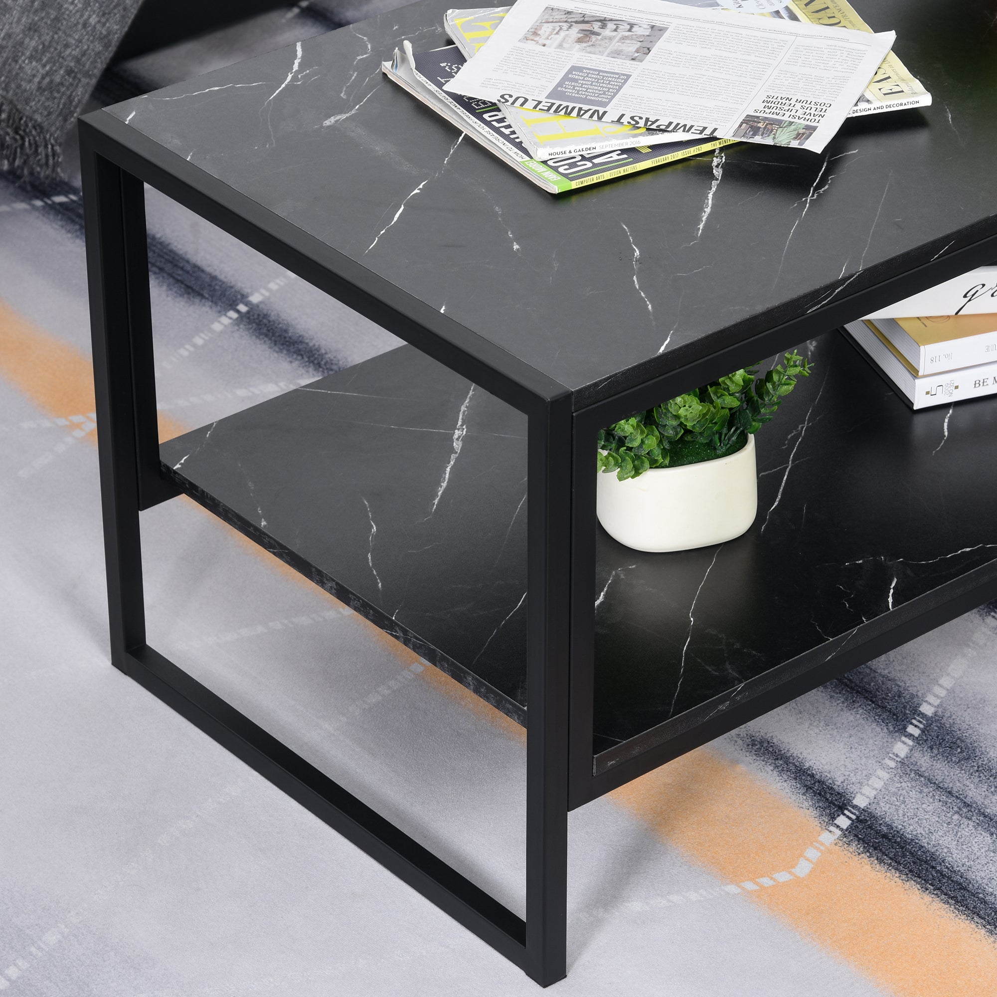 Kozy Coffee Table, Two-Tier Faux Marble Effect Centre Table with Metal Frame and Storage Shelf for Living Room, 106 x 50 x 45cm, Black