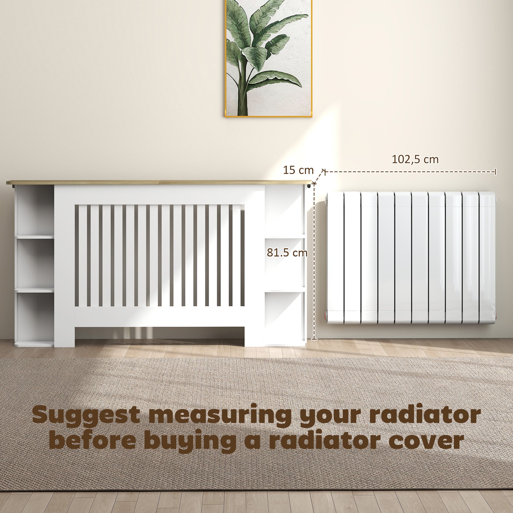 Kozy Radiator Cover with Open Storage Shelves, Vertical Slatted Cabinet Shelf Heater Cover for Living Room, Hallway, Large, White (H: 83 / W: 152 / D: 19 cm)