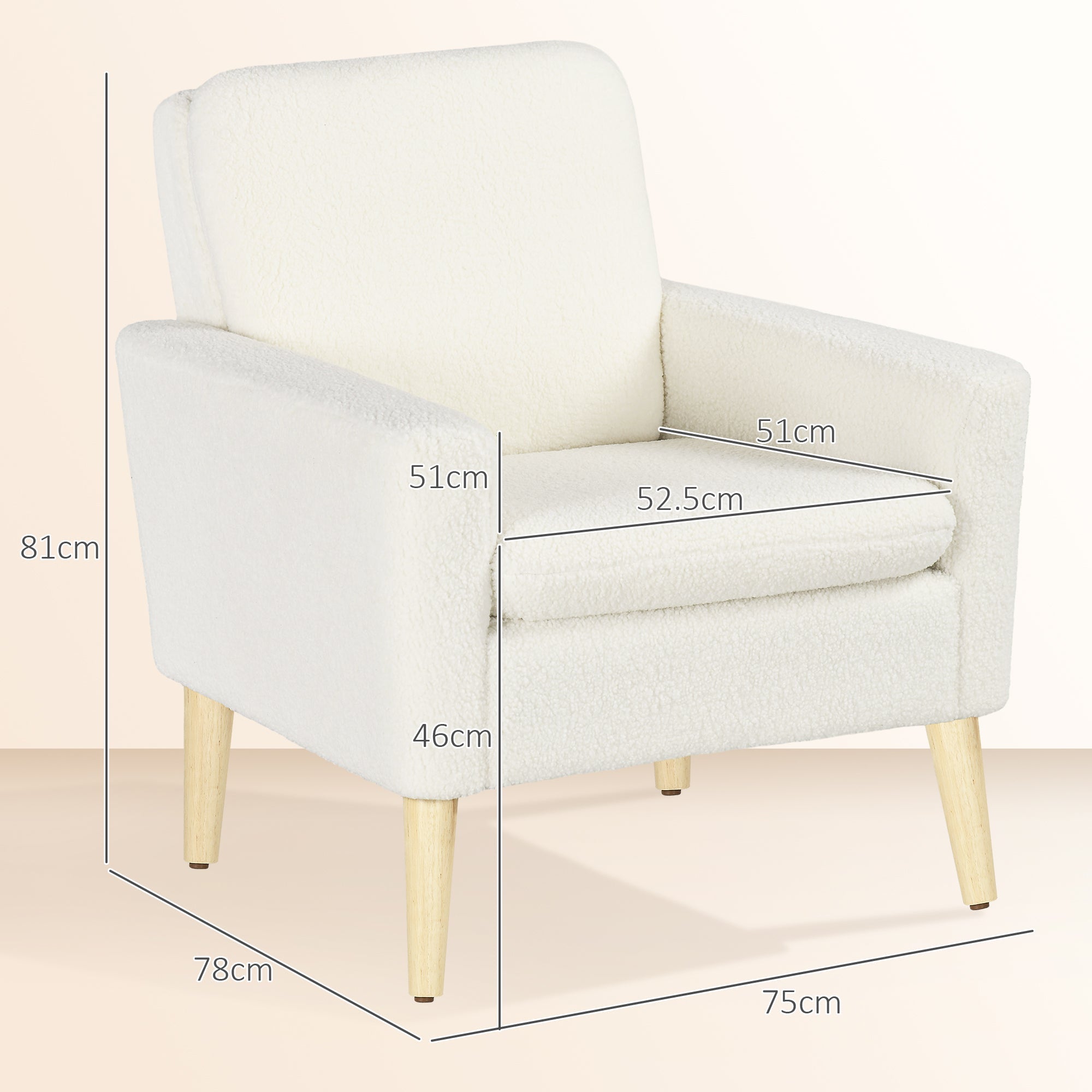 HOMCOM Modern Armchair, Upholstered Accent Chair with Wood Legs and Wide Padded Seat, Teddy Occasional Chair, Cream White | Aosom UK