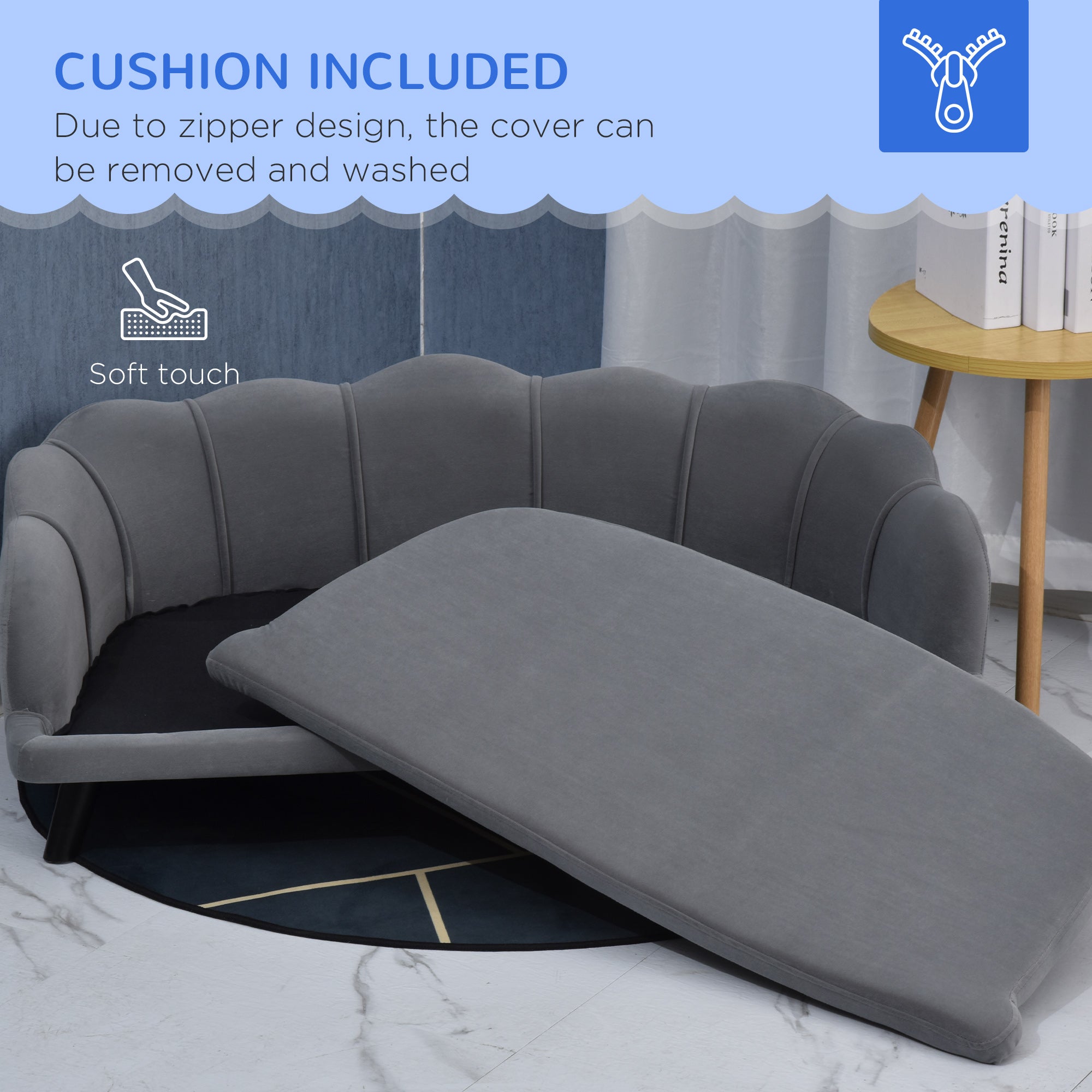 Kozy Dog Sofa, Pet Couch Bed for Medium, Large Dogs, with Legs, Cushion - Grey