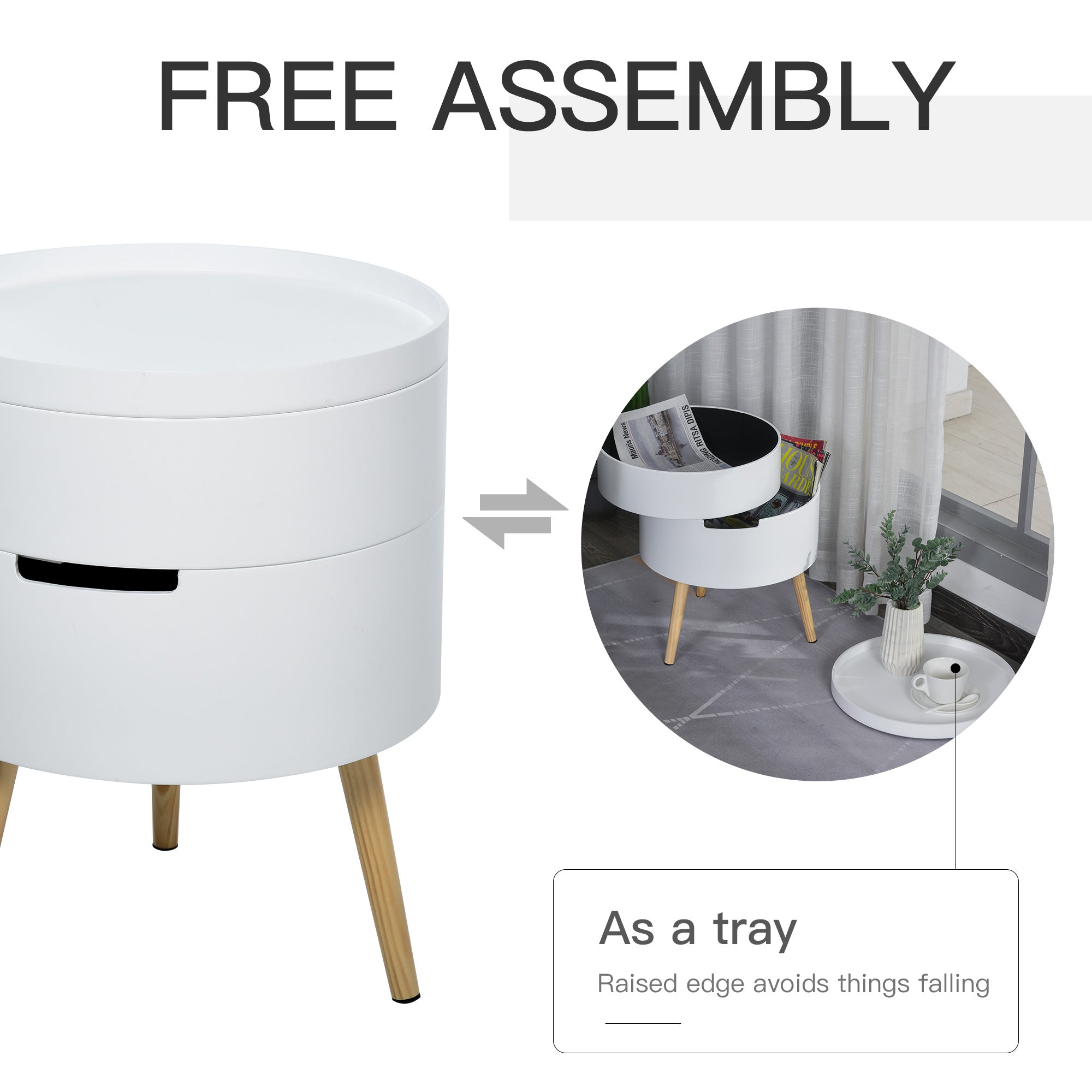 Kozy 3-Tier Coffee Table, Round End Table with 2 Hidden Compartments and Detachable Tray, Side Table with Storage for Living Room, White