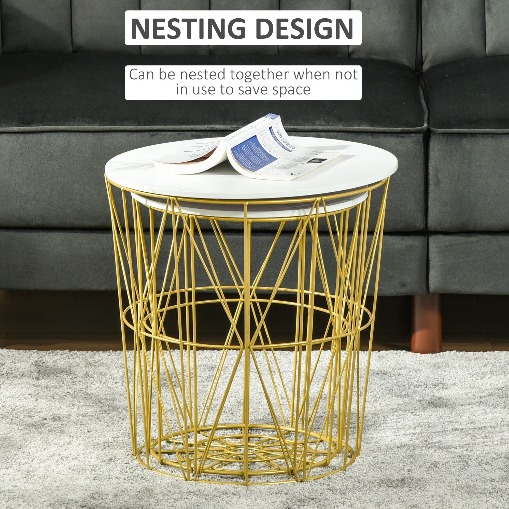 Kozy Set of 2 Nesting Side Tables with Storage, Round End Tables Coffee Tables with Steel Frame and Removable Round Top, for Living Room, bedroom, office, White