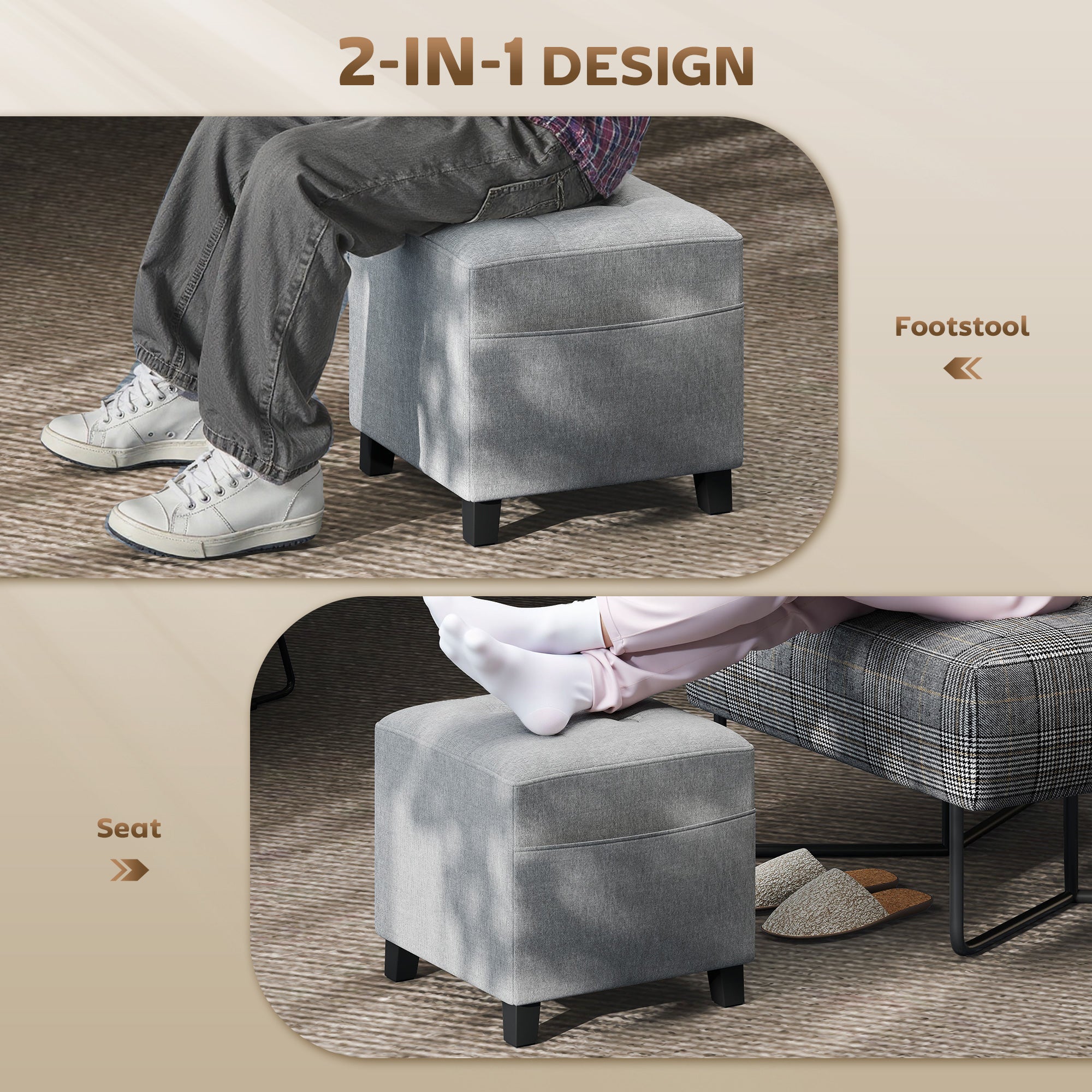 Kozy - Square Footstool, Small Ottoman with Side Pocket, Linen Fabric Footrest Foot Stool with Rubber Wood Legs and Padded Seat for Living Room, Bedroom, Entryway, 35 x 35 x 35cm, Light Grey