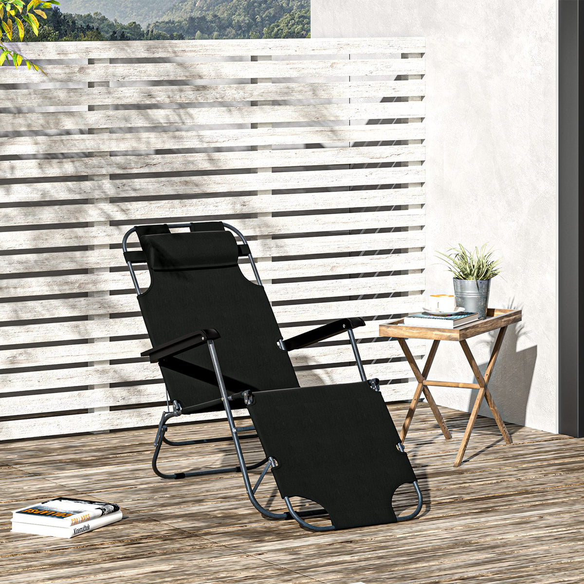 Outsunny Folding Reclining Sun Lounger, 2 in 1 Garden Chair with Adjustable Back & Pillow, Black