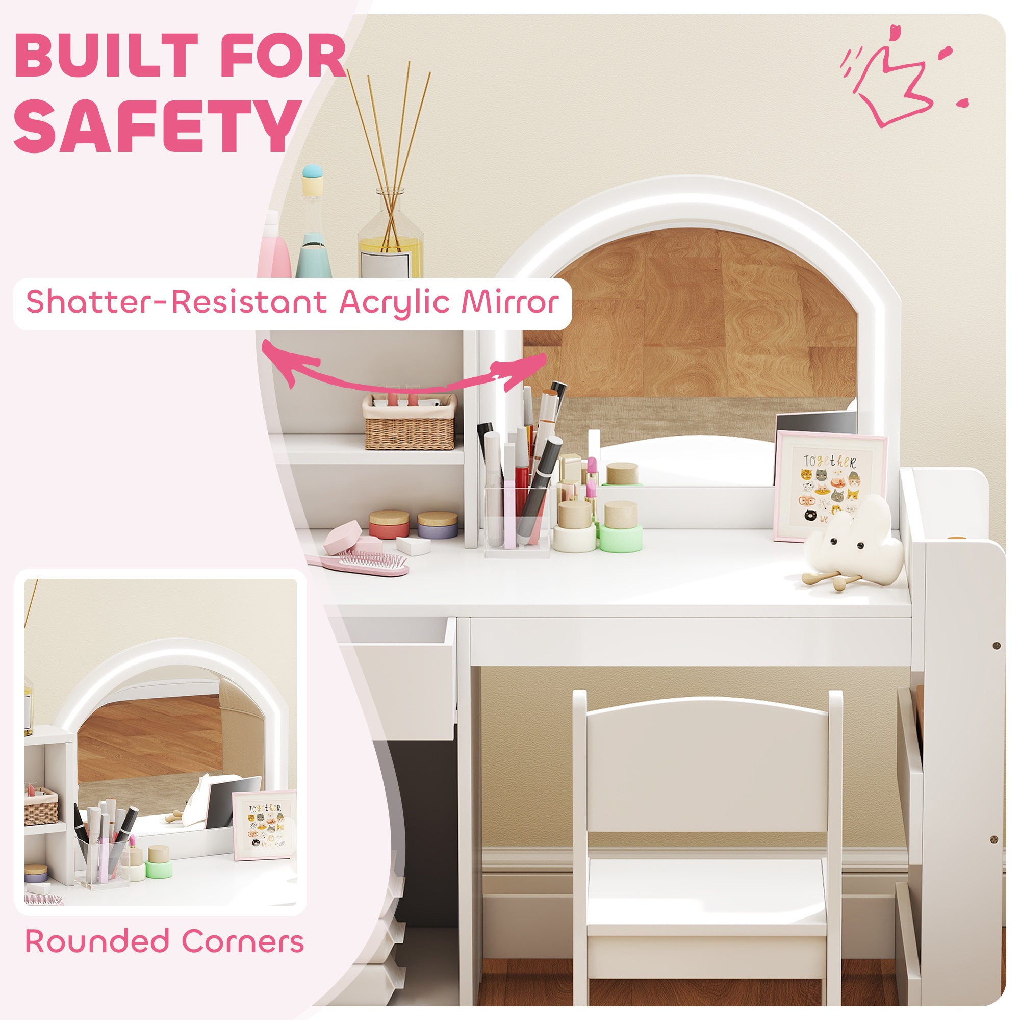 AIYAPLAY Kids Vanity Table and Chair Set, Girls Dressing Table with 2-Colour LED Mirror, Stool, Cabinet, Drawer, Shelves, White