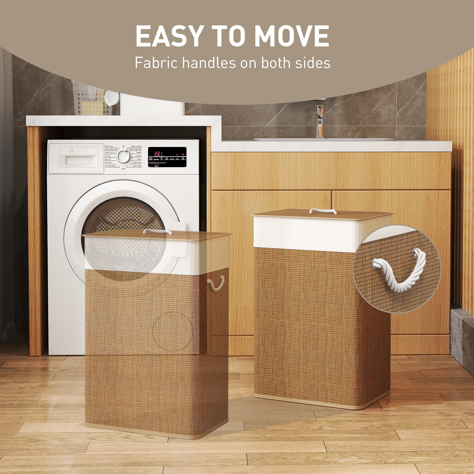 Kozy Bamboo Laundry Basket with Lid, 72L Laundry Hamper with Rope Handles, Washing Basket with Removable Washable Liner Bag for Bathroom, Bedroom, Brown