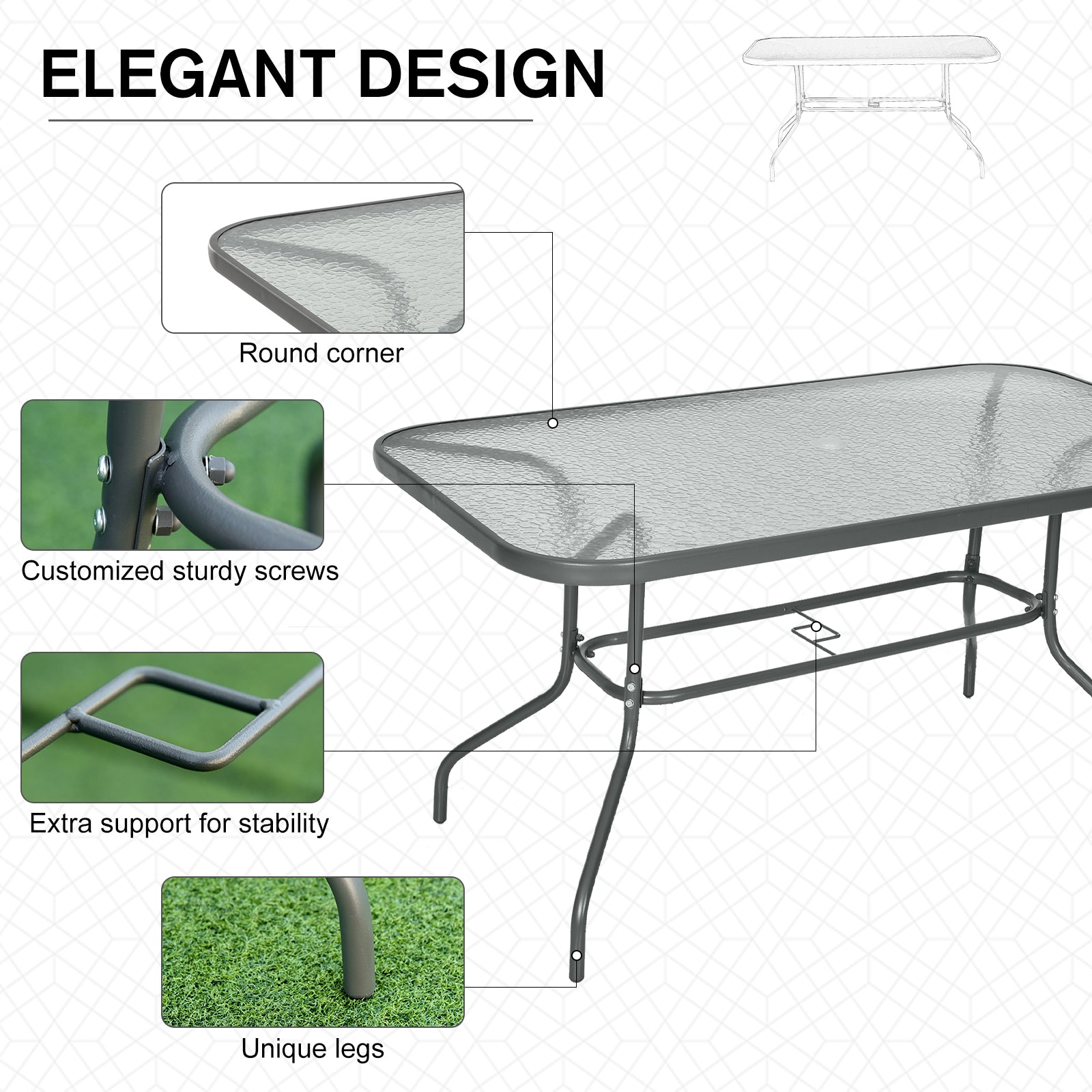 Kozy Garden Dining Table Glass Top Metal Frame with Parasol Hole Outdoor Balcony Grey 140L x 80Wcm