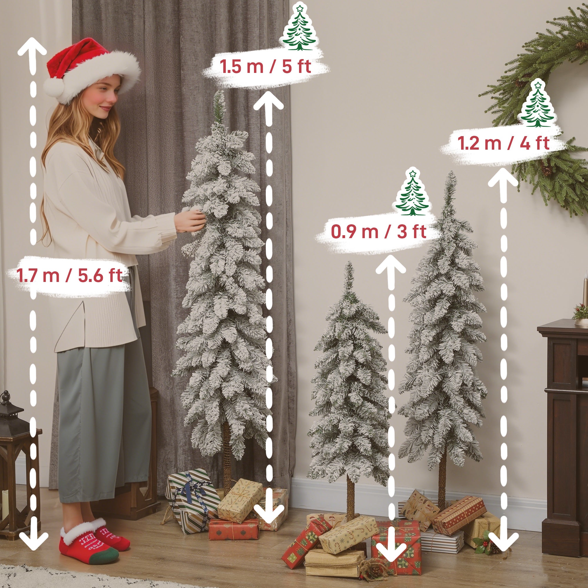 Kozy - Set of 3 Pencil Flocked Christmas Tree, 3ft 4ft 5ft