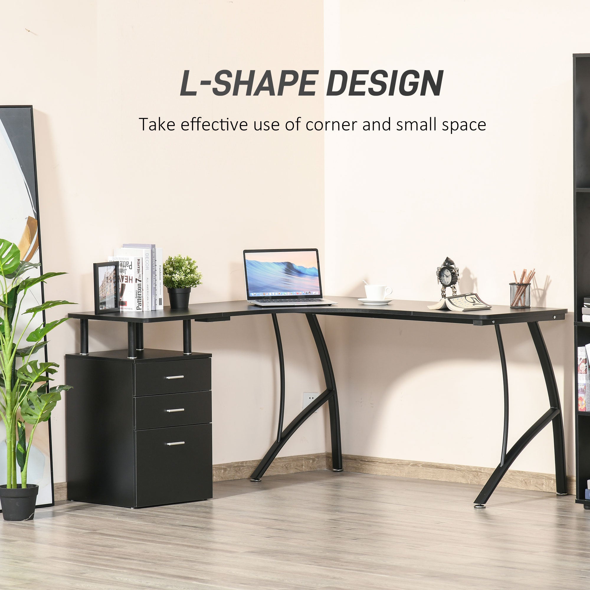 Kozy L-Shaped Computer Desk Table with Storage Drawer, Home Office Desk Corner Industrial Style Workstation for A4 Files 143.5 x 143.5 x 76cm, Black