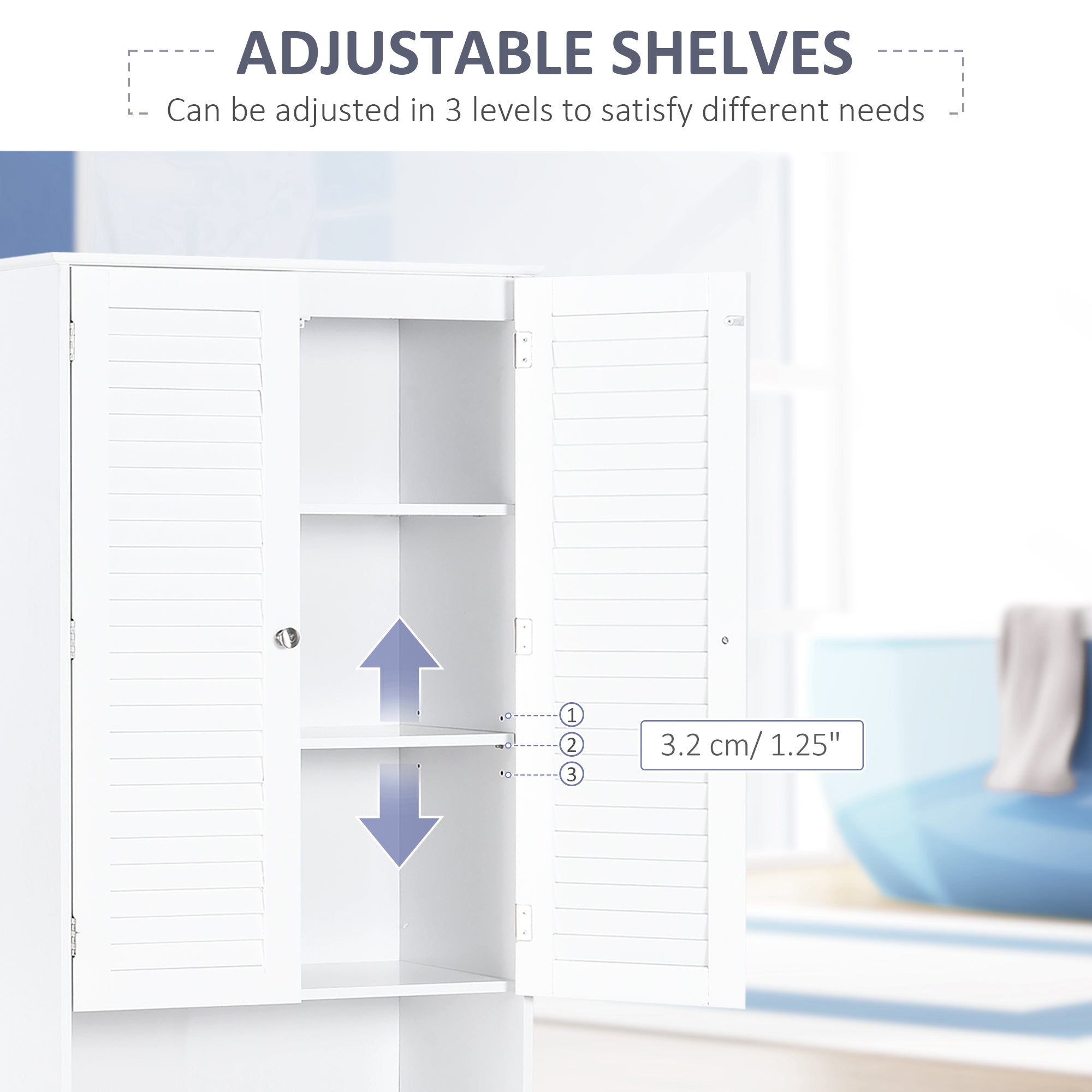 Kozy Tall Freestanding Bathroom Cabinet Retro Shutters w/ 3 Compartments Shelves Elevated Base Narrow Organiser White 60L x 30W x 182.5H cm