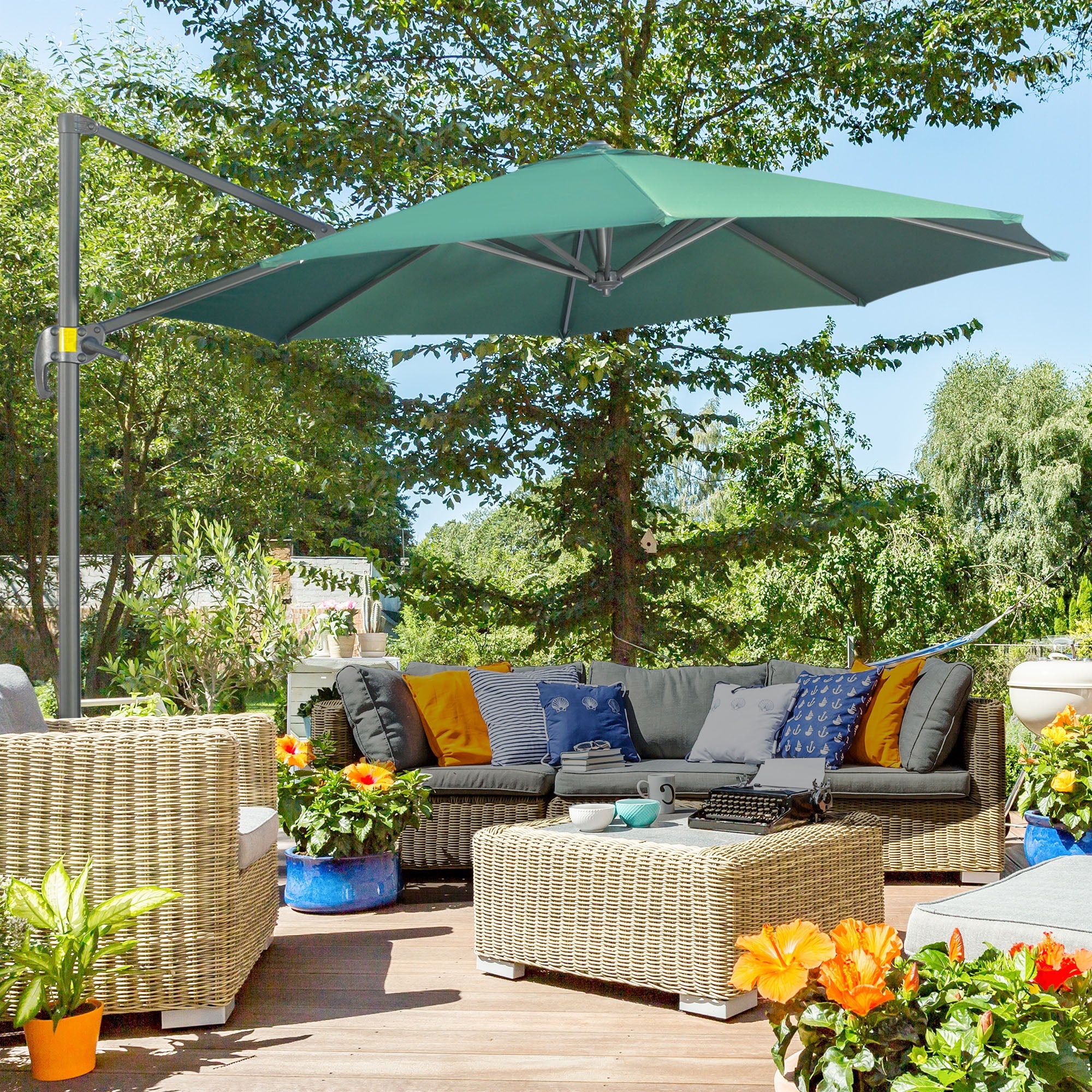 Outsunny Cantilever Parasol 3x3m with Cross Base, 360° Rotating Garden Umbrella with Crank Handle and Tilt, Green | Aosom UK