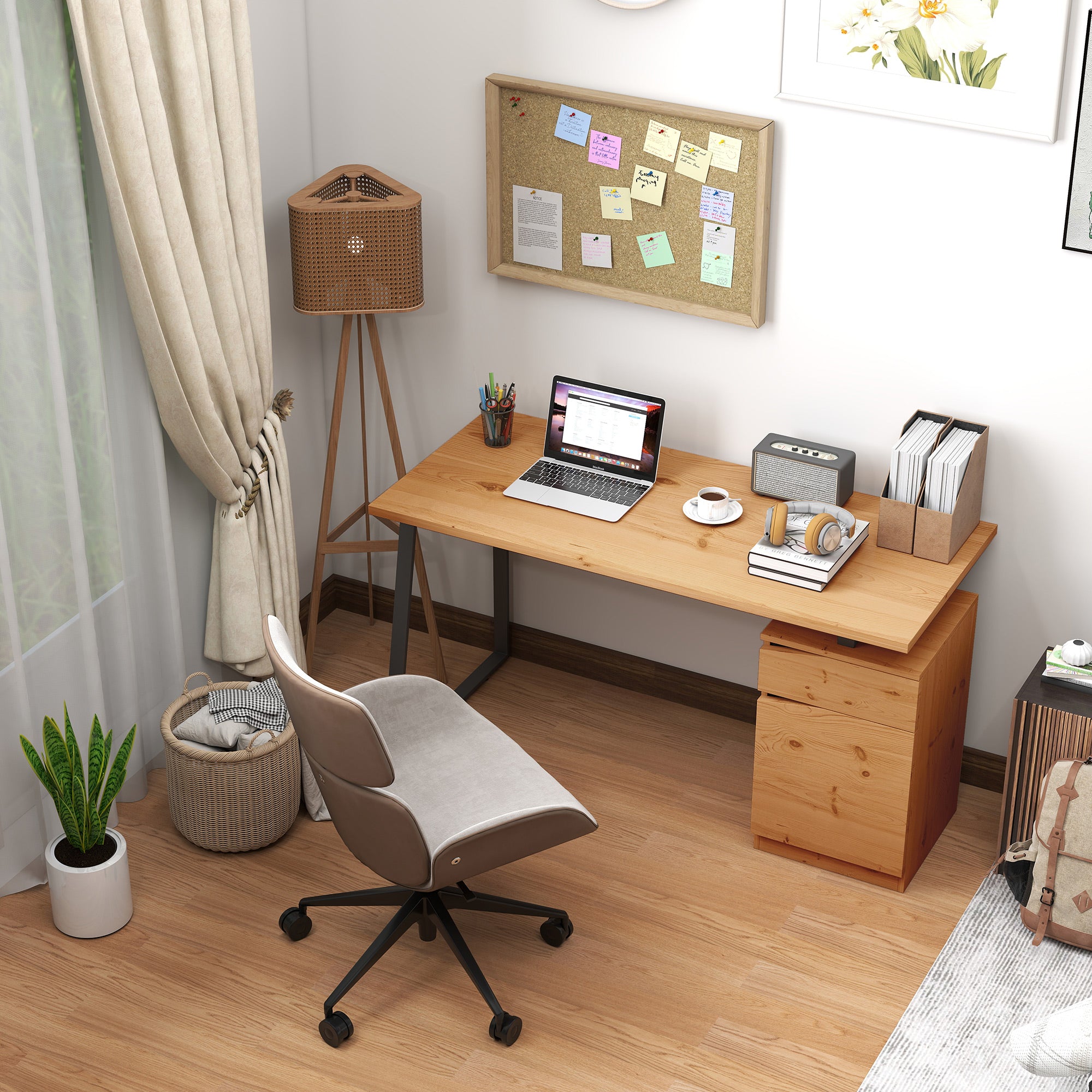 Kozy Computer Desk, Writing Desk with Cabinet, Drawer, Metal Legs, Work Table for Home Office Study, Natural Wood Finish