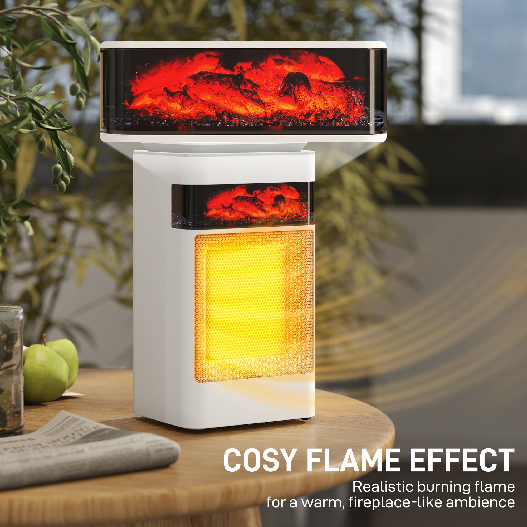 Kozy Ceramic Electric Heater, 1500W Fan Space Heater with 3 Modes, 24H Timer, Flame Effect, Oscillation for Bedroom, White