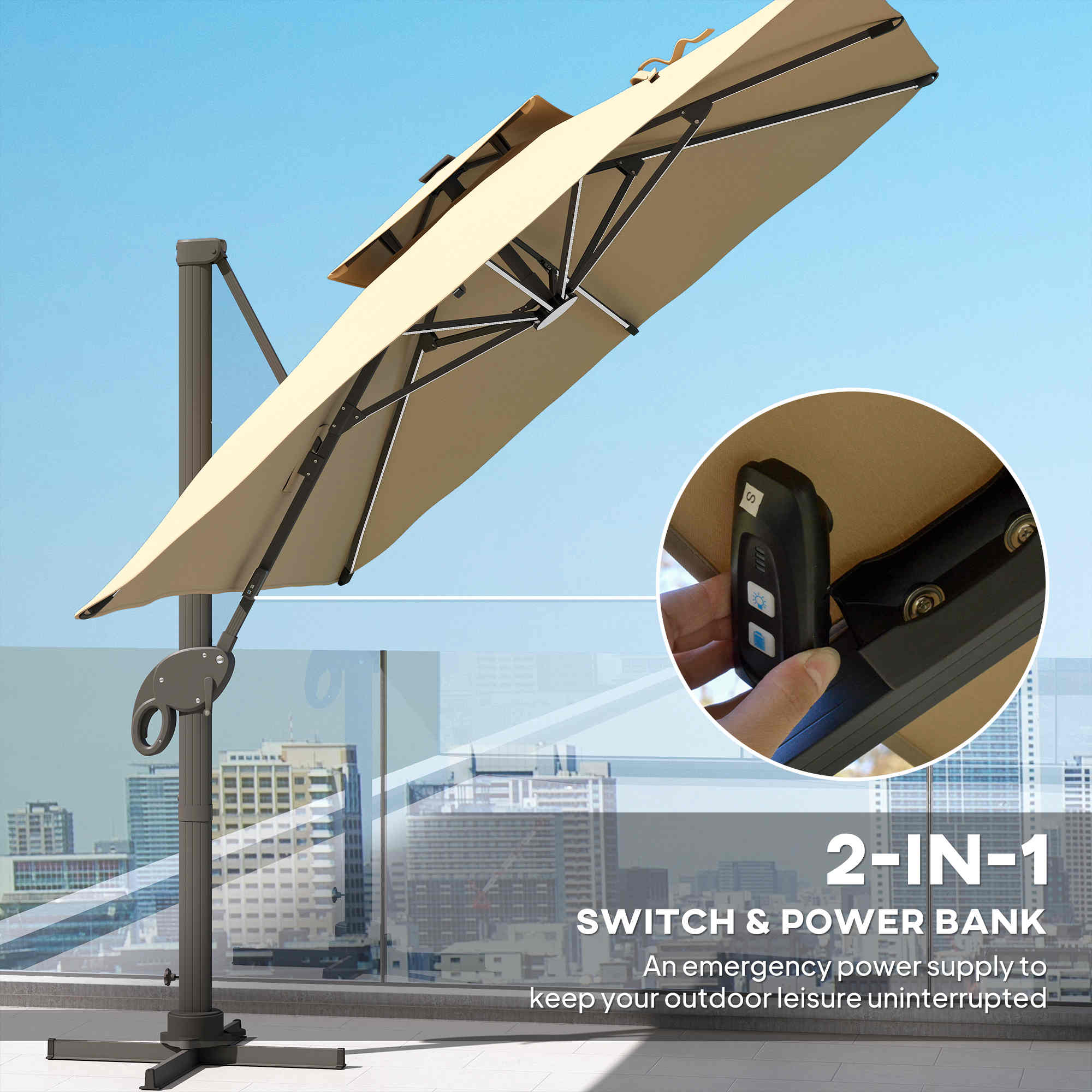 Kozy 3 x 3(m) Aluminium Sun Square Canopy Top w/ Adjustable Pole Angle Khaki