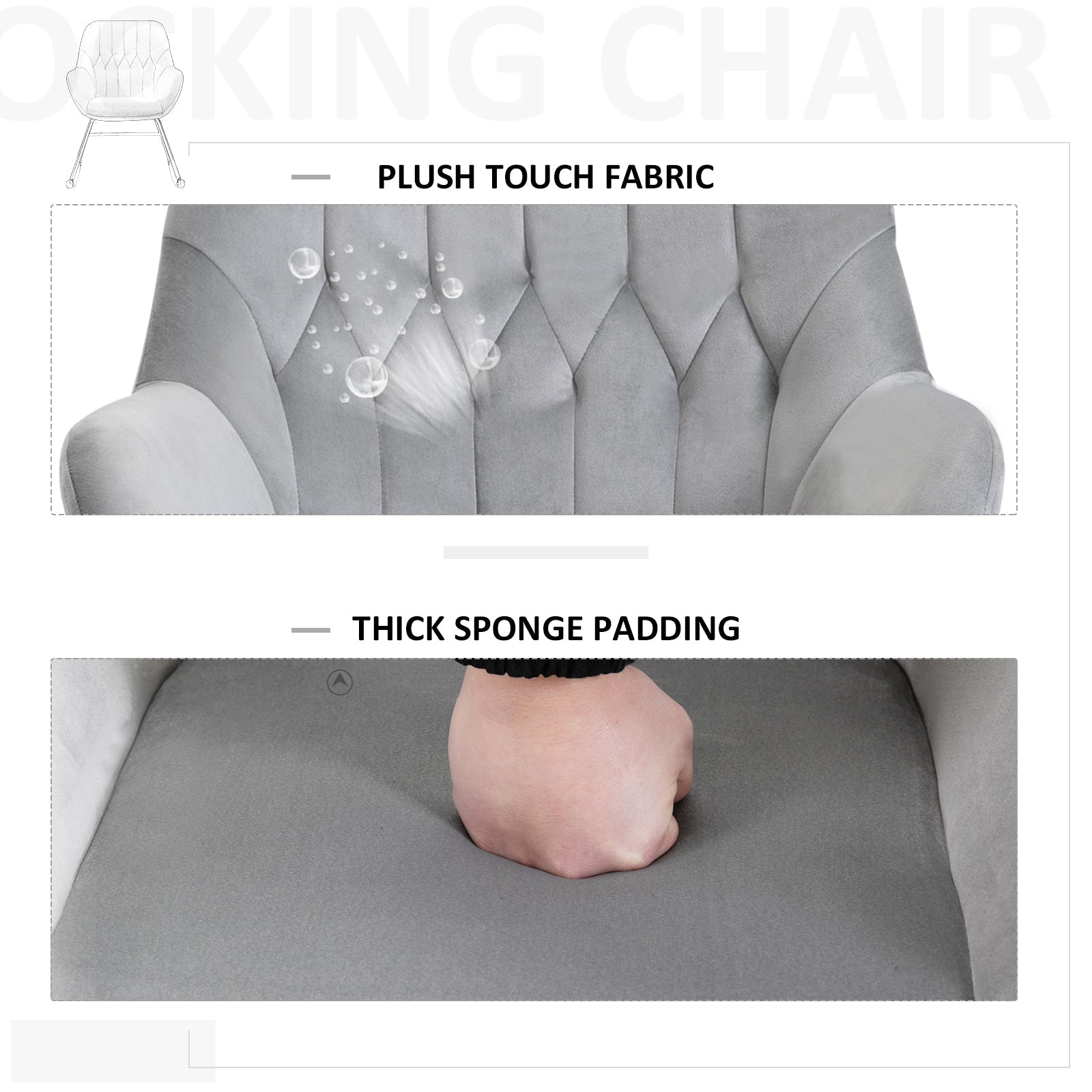 HOMCOM Rocking Chair Reading Accent Armchair with Steel Frame Sponge Padded for Living Room, Dining Room, Office, Balcony, Grey and Black | Aosom UK