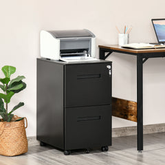 Kozy Metal Mobile File Cabinet with Wheels, Lockable 2 Drawer Filing Cabinet for A4, Legal, Letter, Compact Under Desk Storage Unit with Pre-Assembled Body for Home Office, 39 x 48 x 67cm, Black
