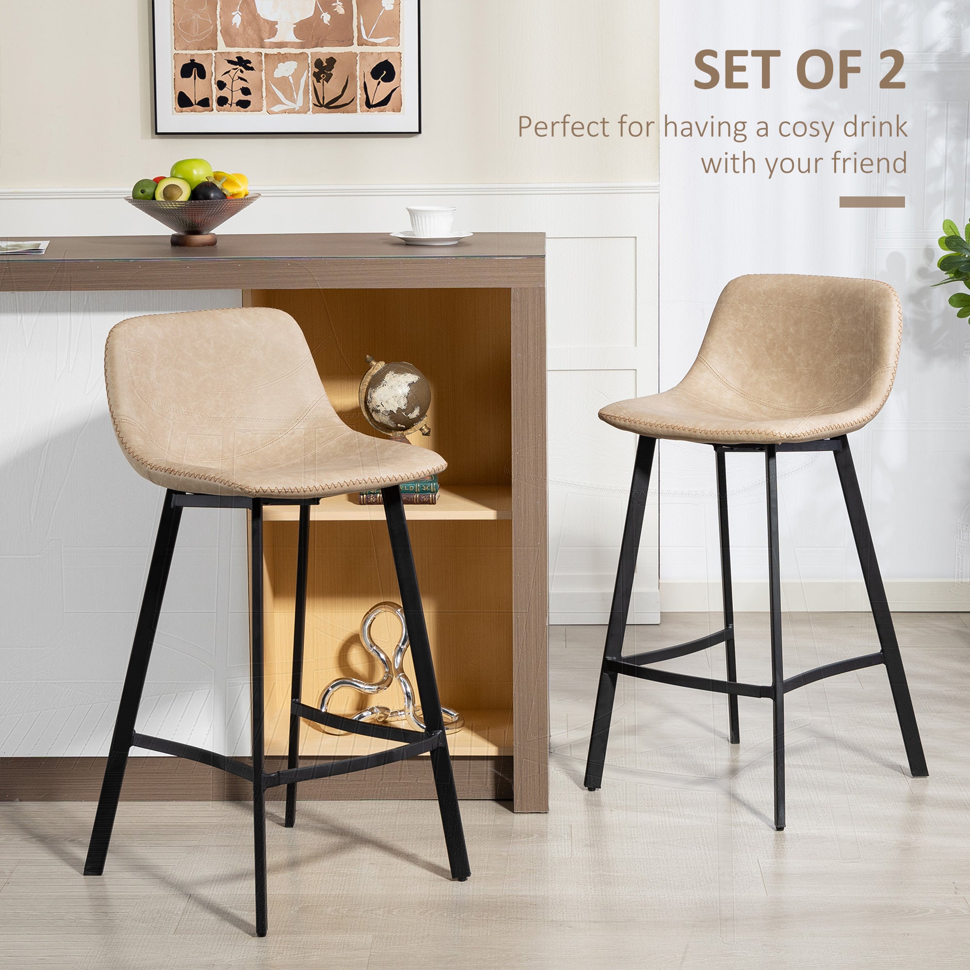 Kozy Bar Stools Set of 2, PU Leather Dining Stools with Backrest, Footrest, for Kitchen, Counter, Breakfast Bar, Light Brown