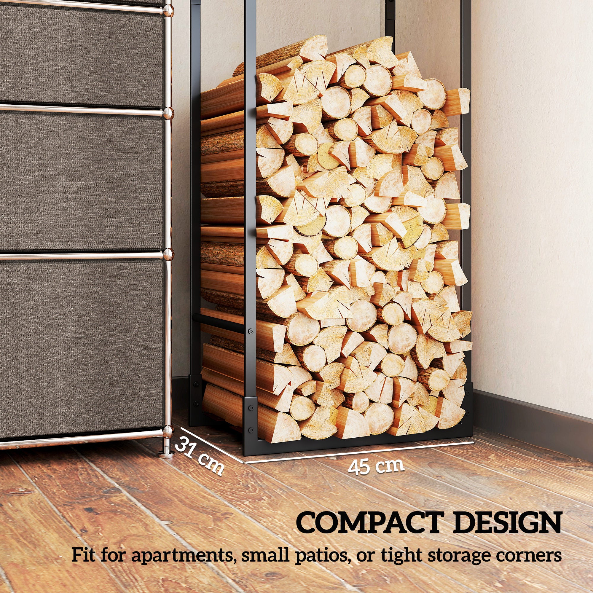 Kozy - Metal Firewood Log Holder, Heavy Duty Firewood Rack with Adjustable Shelf, Indoor Outdoor Fireplace Wood Storage Shelf, 45 x 31 x 170 cm, Black