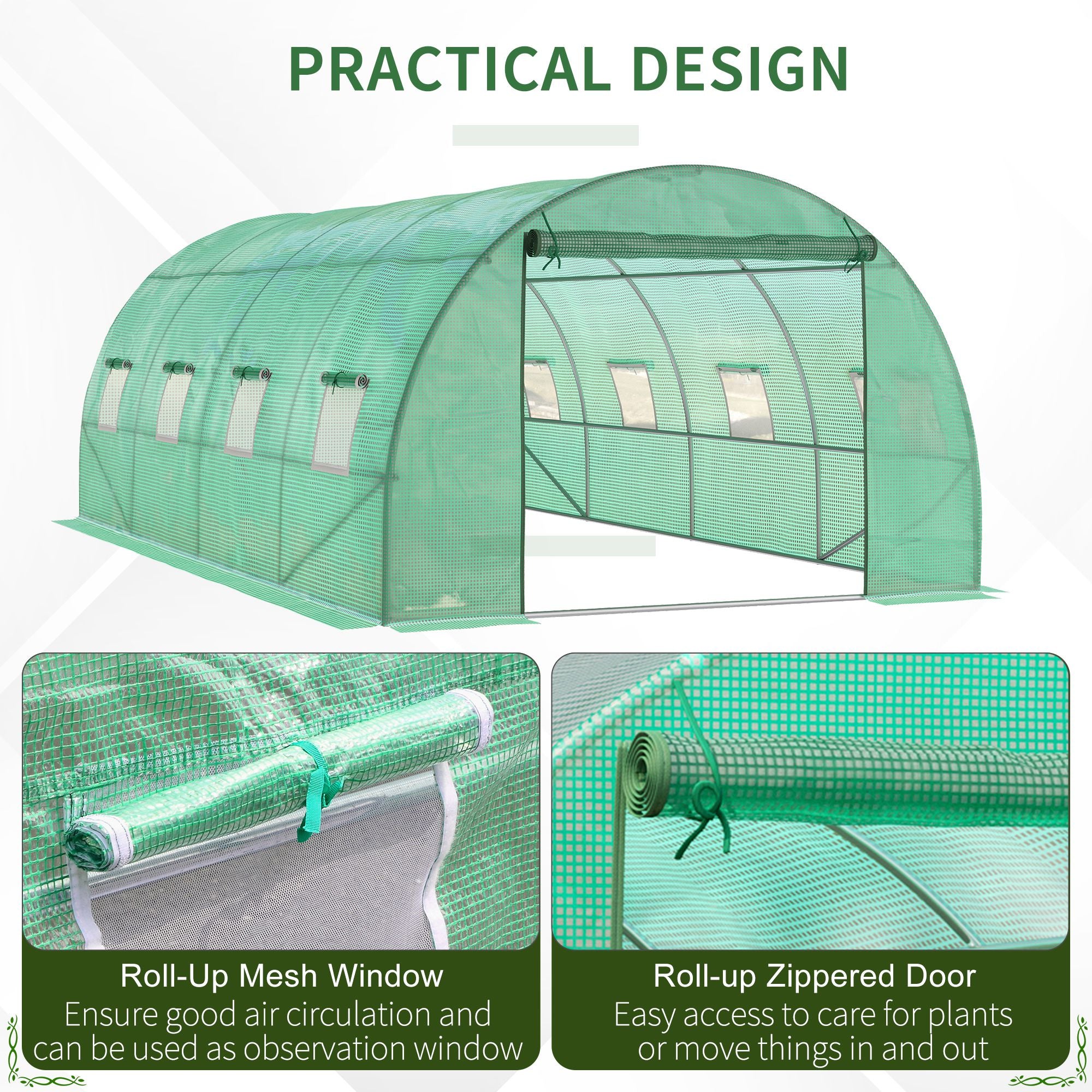 Kozy Walk-in Polytunnel Greenhouse, Outdoor Garden Tunnel Greenhouse Tent with Zipped Roll-Up Door and 8 Mesh Windows, 6 x 3M