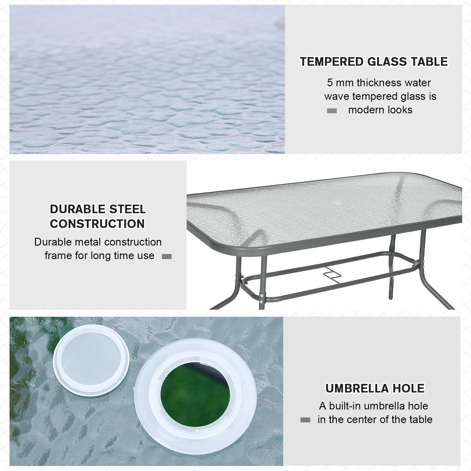 Kozy Garden Dining Table Glass Top Metal Frame with Parasol Hole Outdoor Balcony Grey 140L x 80Wcm