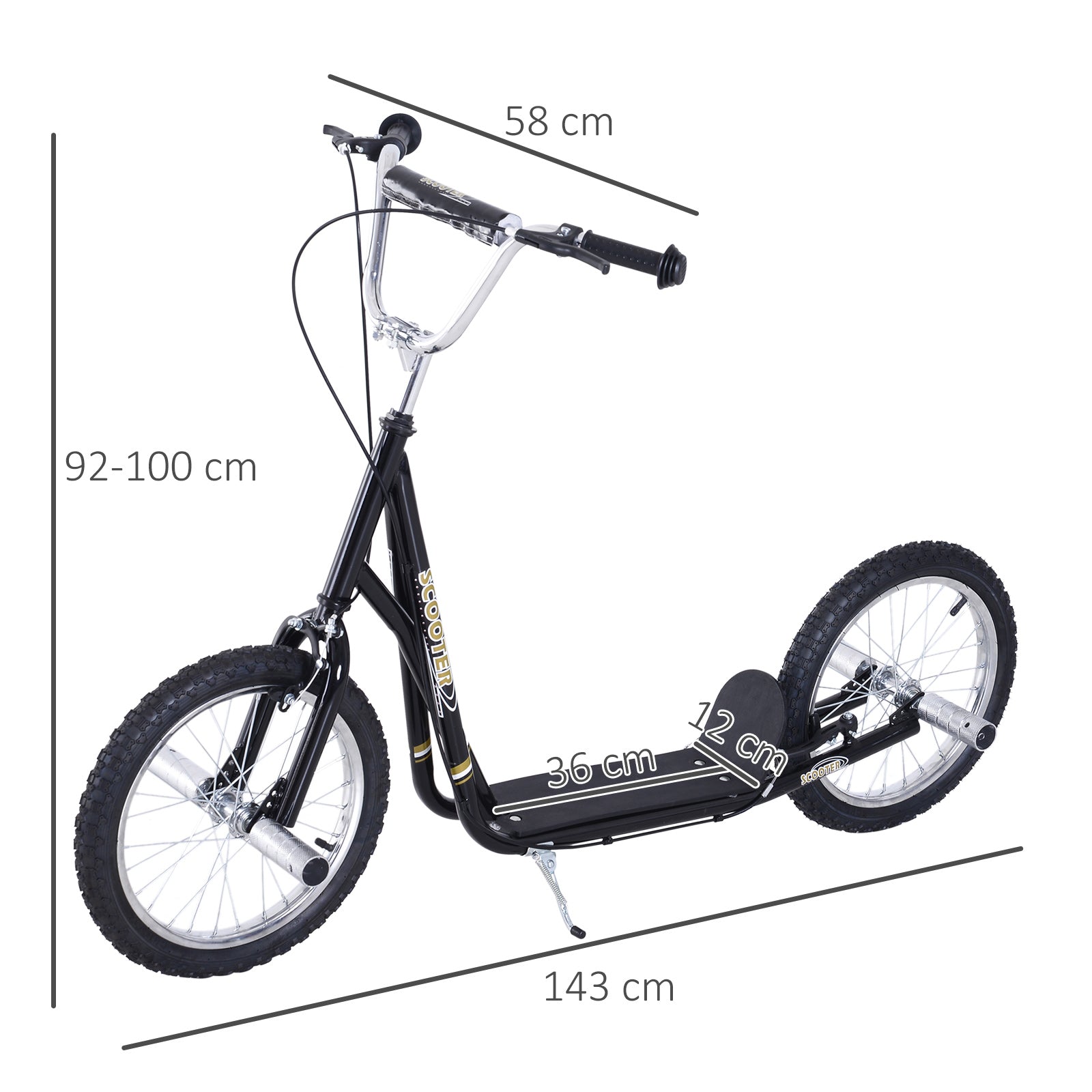 Kozy Stunt Scooter, Kids Scooter with 16" Big Wheels, Adjustable Height, Dual Brakes, for Ages 5+ Years, Black