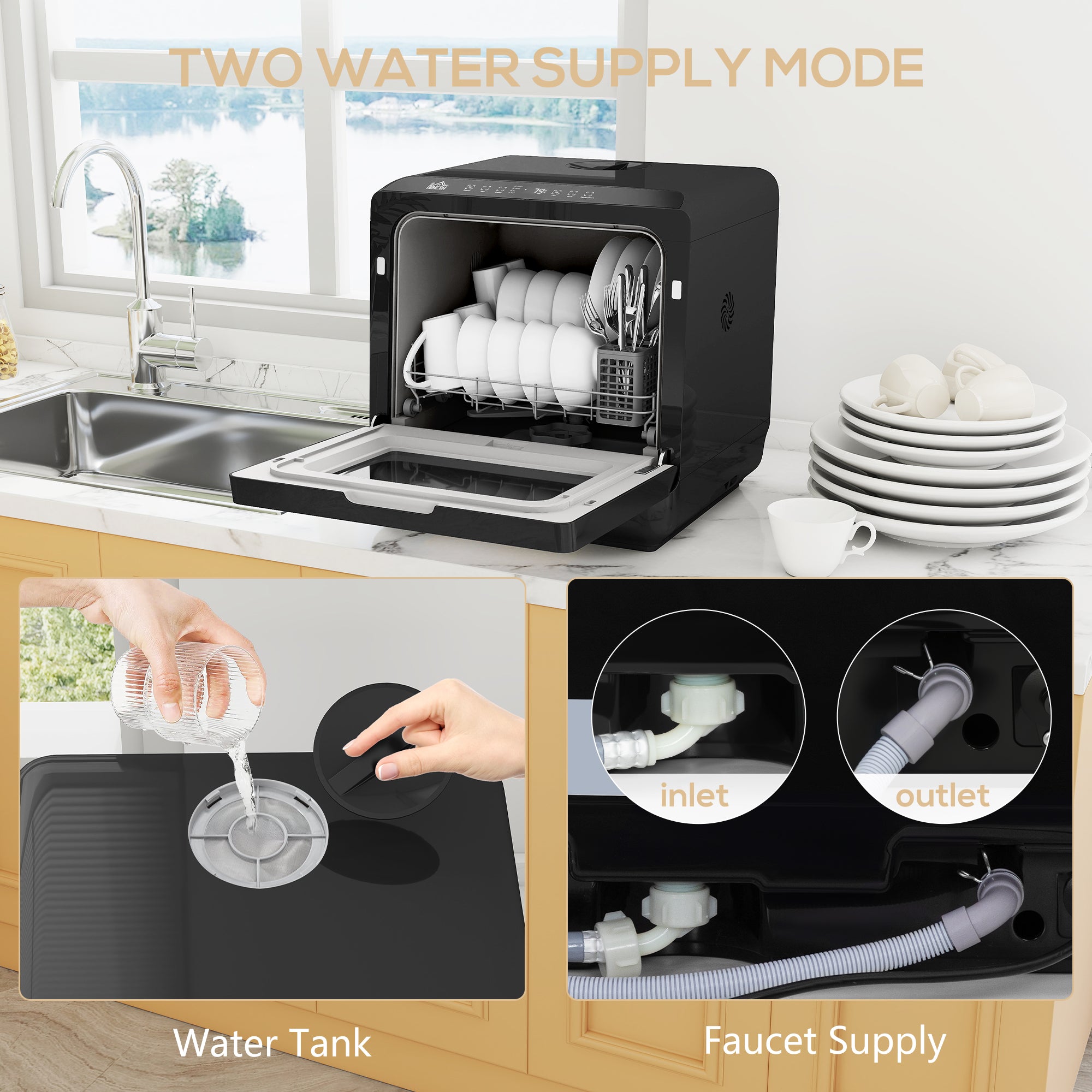 Kozy - Table Top Dishwasher with Built-in 6L Water Tank, Mini Countertop Dishwasher with 6 Programs, 4 Place Settings, Black