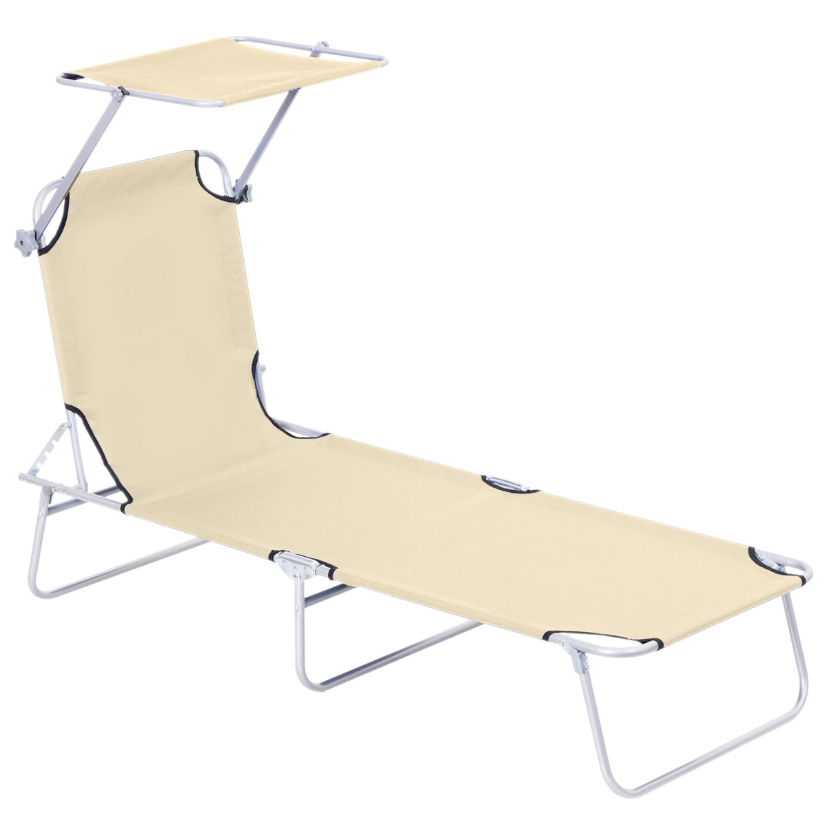 Kozy Outdoor Foldable Sun Lounger, 4 Level Adjustable Backrest Reclining Sun Lounger Chair with Angle Adjust Sun Shade Awning for Beach, Garden, Patio, Beige