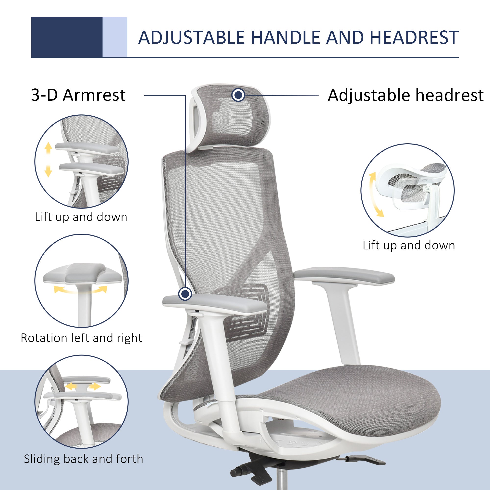 Vinsetto Ergonomic Office Chair with 360° , Wheel, Mesh Back, Adjustable Height & 3D Armrest for Home Office, Grey