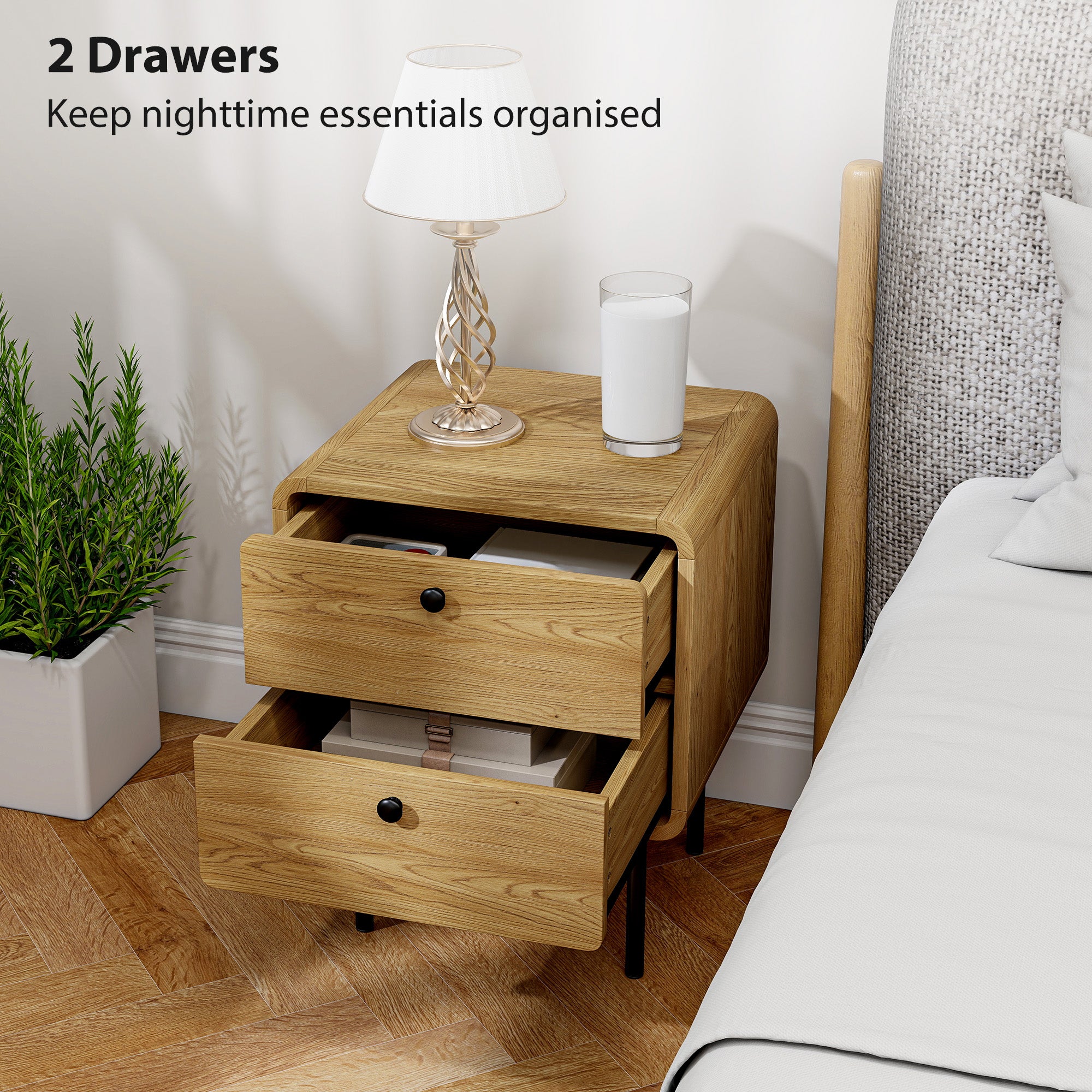Kozy Bedside Table with 2 Drawers and Steel Legs - Oak