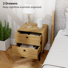 Kozy Bedside Table with 2 Drawers and Steel Legs - Oak