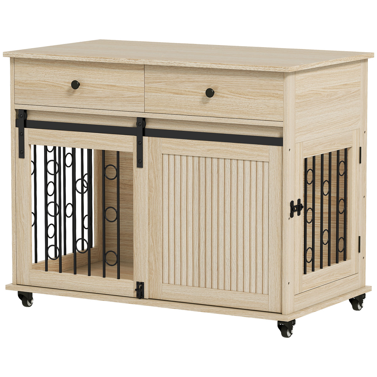 Kozy Dog Crate Furniture on Wheels, Dog Cage with 2 Drawers, Sliding Door, for Medium Large Dogs, Oak Tone