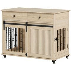 Kozy Dog Crate Furniture on Wheels, Dog Cage with 2 Drawers, Sliding Door, for Medium Large Dogs, Oak Tone