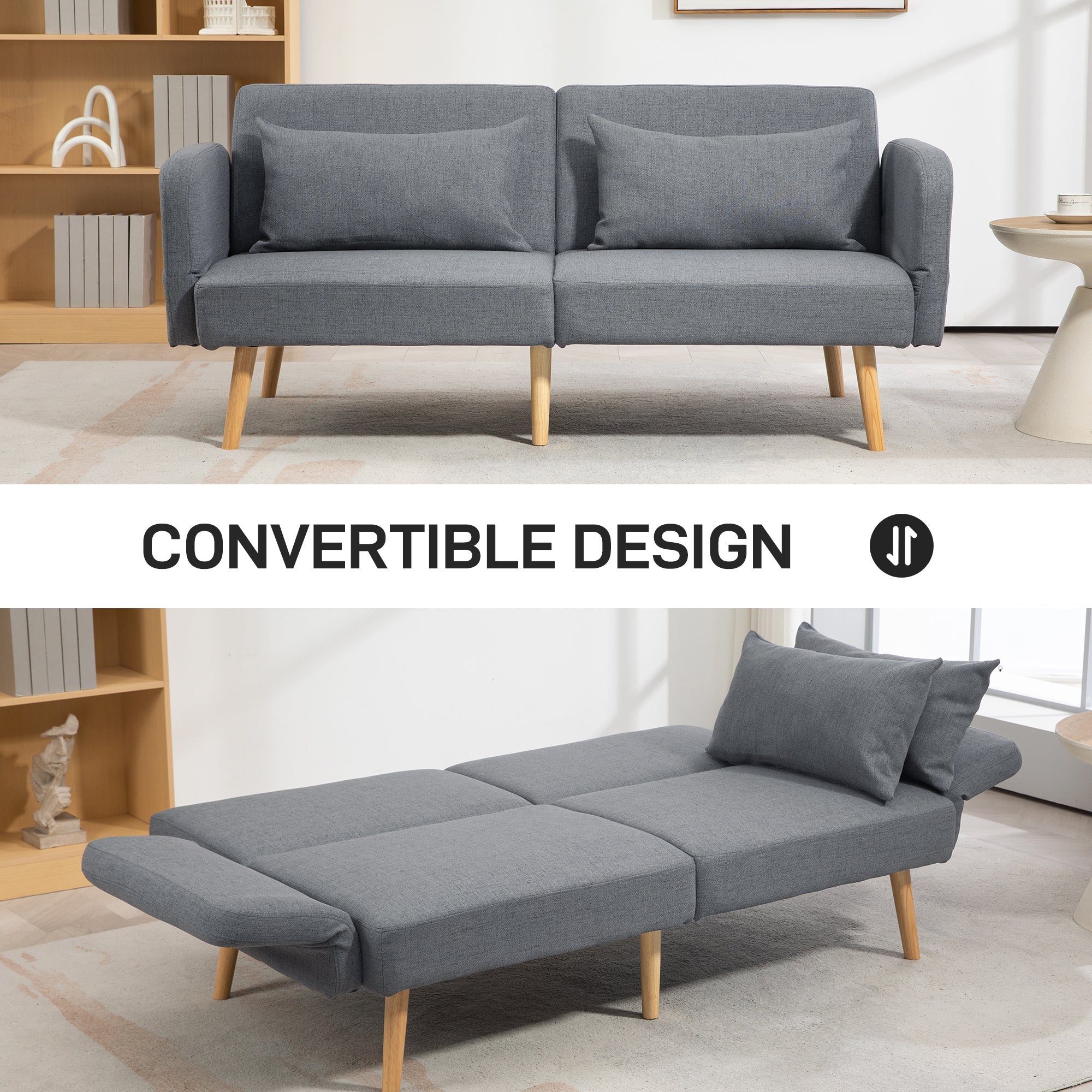 HOMCOM 3/2 Seater Sofa Bed, Convertible Bed Settee, Modern Fabric Loveseat Sofa Couch with 2 Cushions for Living Room, Guest Room, Grey