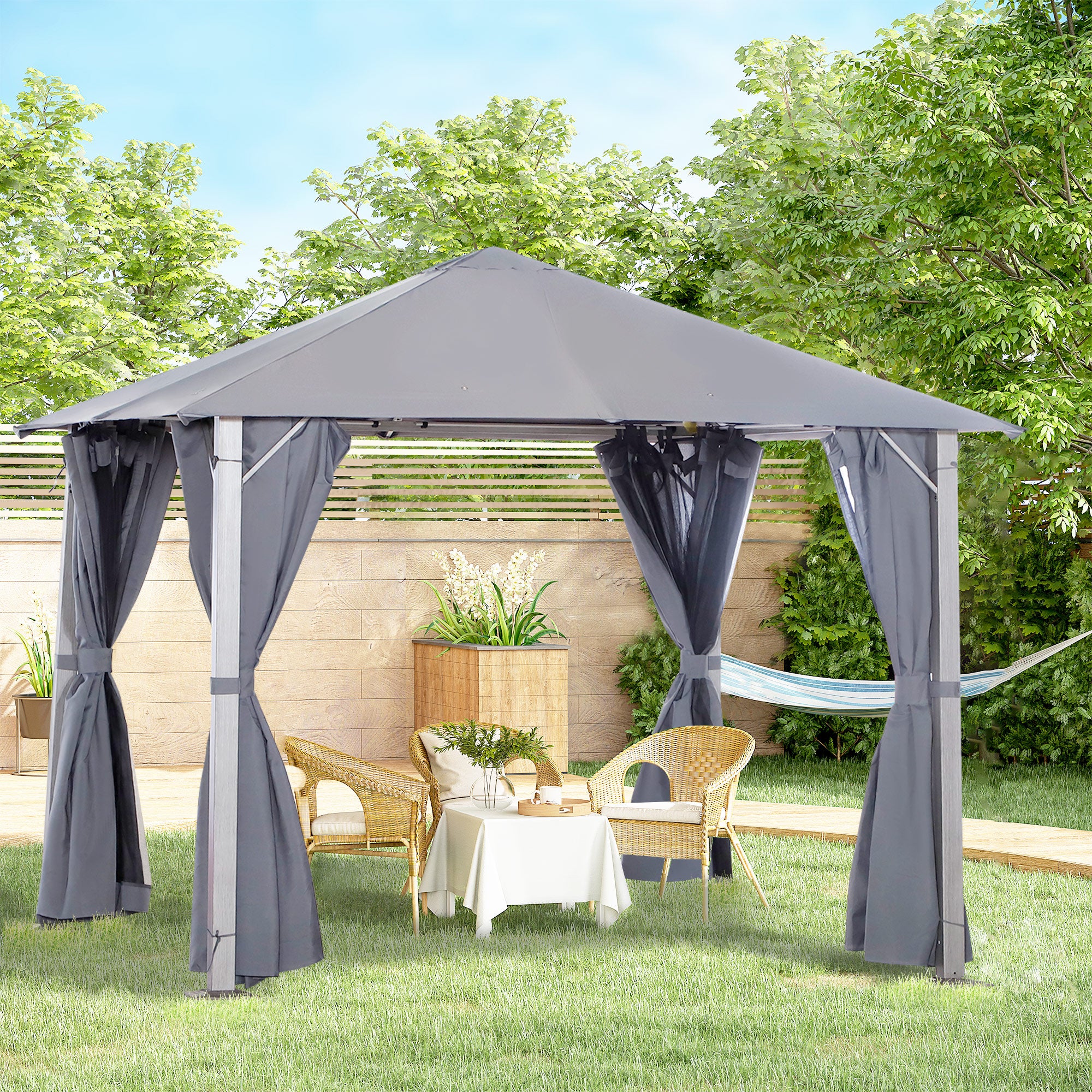 Outsunny Metal Frame Curtain Draped Outdoor Garden Gazebo Grey