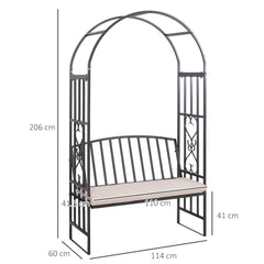 Outsunny Garden Metal Arch Bench, Outdoor Furniture Chair with Cushion Outdoor Patio Rose Trellis Arbour Pergola, for Climbing Plant 114x 60 x 206 cm