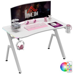 Kozy RGB 120 x 66cm Gaming Desk, Computer Table with Carbon Fibre Surface, Headphone Hook, Cup Holder, Controller Rack, Home Office Desk, White