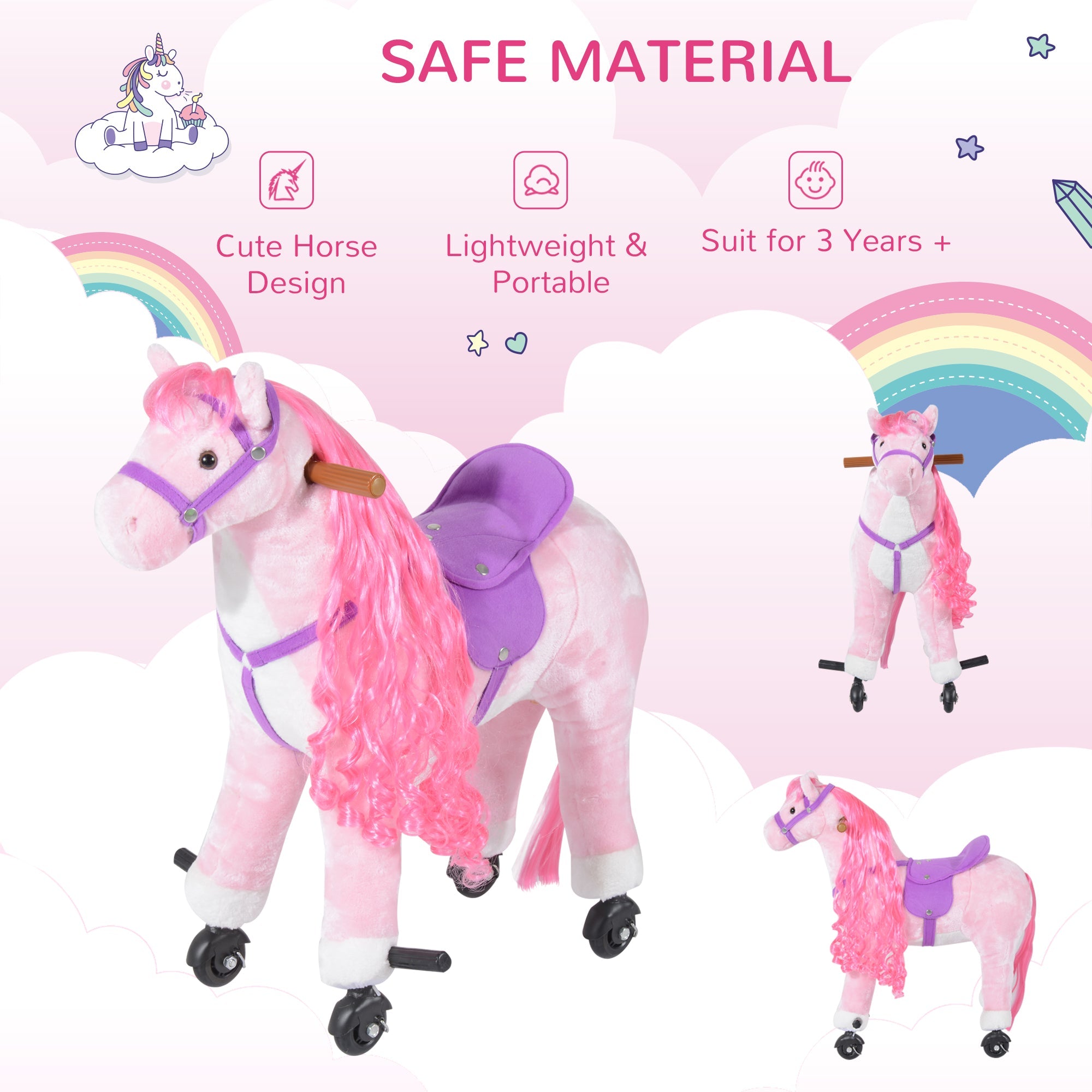 HOMCOM Kids Plush Ride On Walking Horse W/Sound-Pink