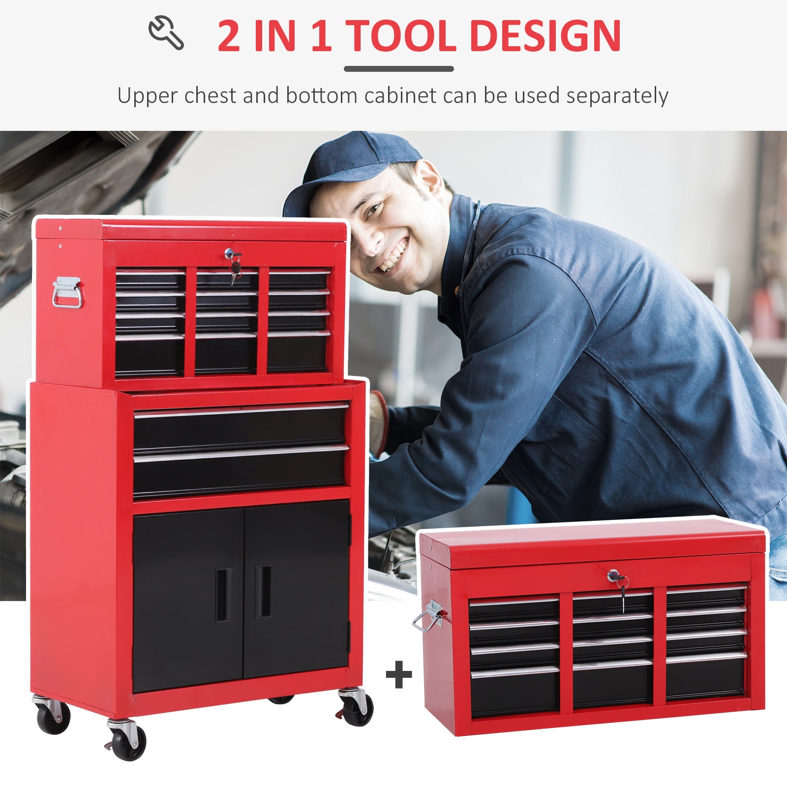 Kozy Tool Chest, Metal Tool Cabinet on Wheels with 6 Drawers, Pegboard, Top Chest and Roller Cabinet Combo, 61.6 x 33 x 108cm, Red and Black