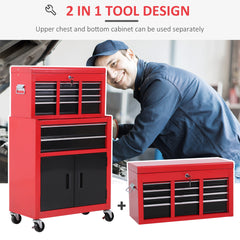 Kozy Tool Chest, Metal Tool Cabinet on Wheels with 6 Drawers, Pegboard, Top Chest and Roller Cabinet Combo, 61.6 x 33 x 108cm, Red and Black