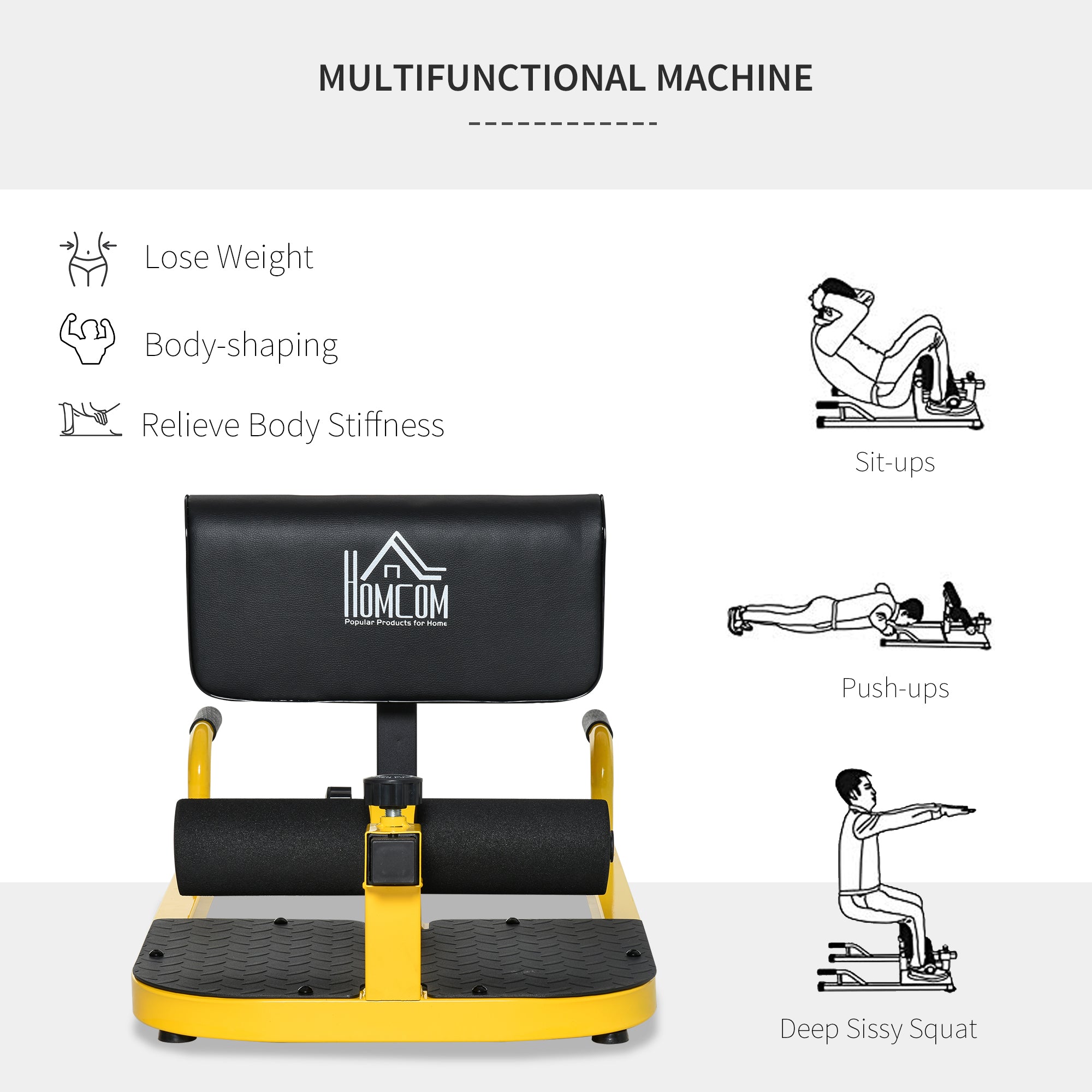Kozy Squat Machine with Push Up Stand, Padded Hip Thrust Bench with Adjustable Cushion for Home Gym Work Out, Yellow