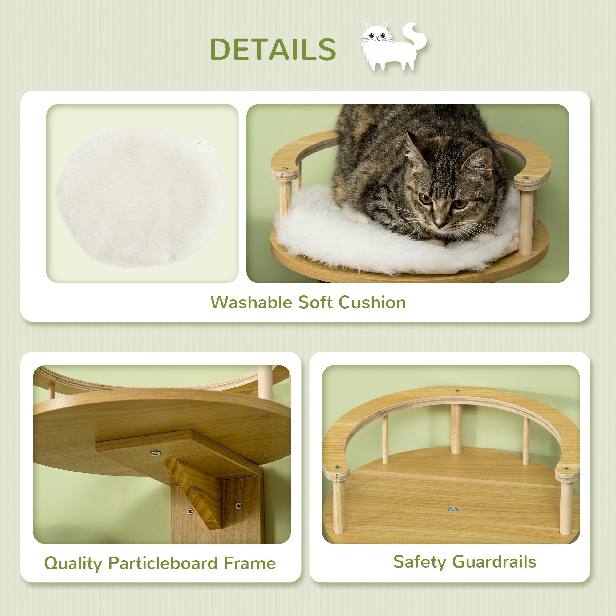 PawHut Wall Mounted Cat Tree with Cushion and Guardrails, Kitten Bed Cat Perch for Indoor Use, Beige | Aosom UK