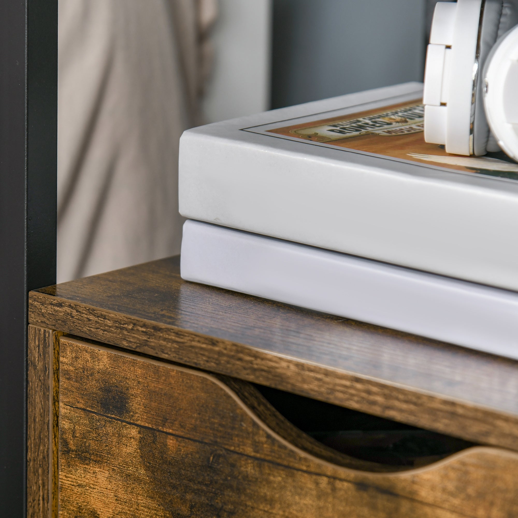 Kozy Industrial Side Table with Drawer, Sofa Table, Bedside Cabinet with Storage Shelf, Slim Nightstand for Living Room, Bedroom, Rustic Brown